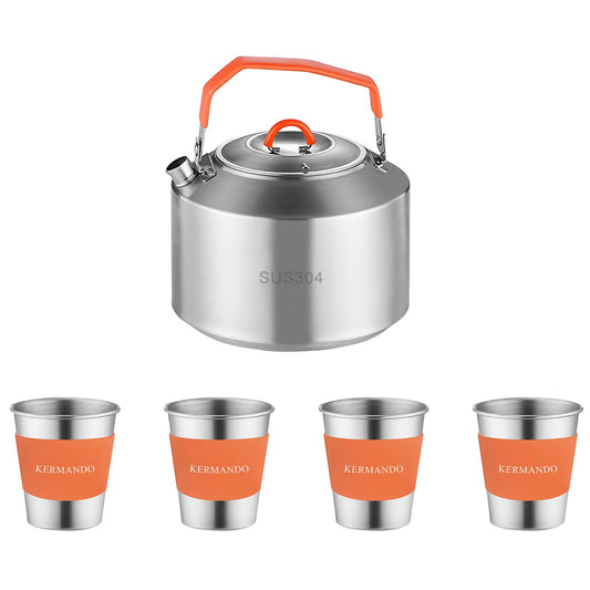 KERMANDO Camping Kettle Set, 1.5 L Stainless Steel Kettle with 4 Stackable 300 ML Cups, Anti-Scald Handle, Removable Silicone Covers, and Mesh Bag - ideal for Boiling Water and Making Coffee Outdoors