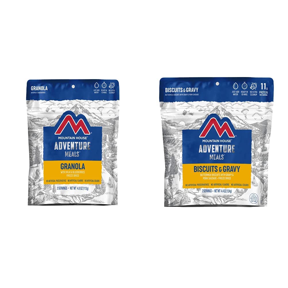 Mountain House Granola with Milk & Blueberries | Freeze Dried Backpacking & Camping Food | Biscuits & Gravy | 4 Servings