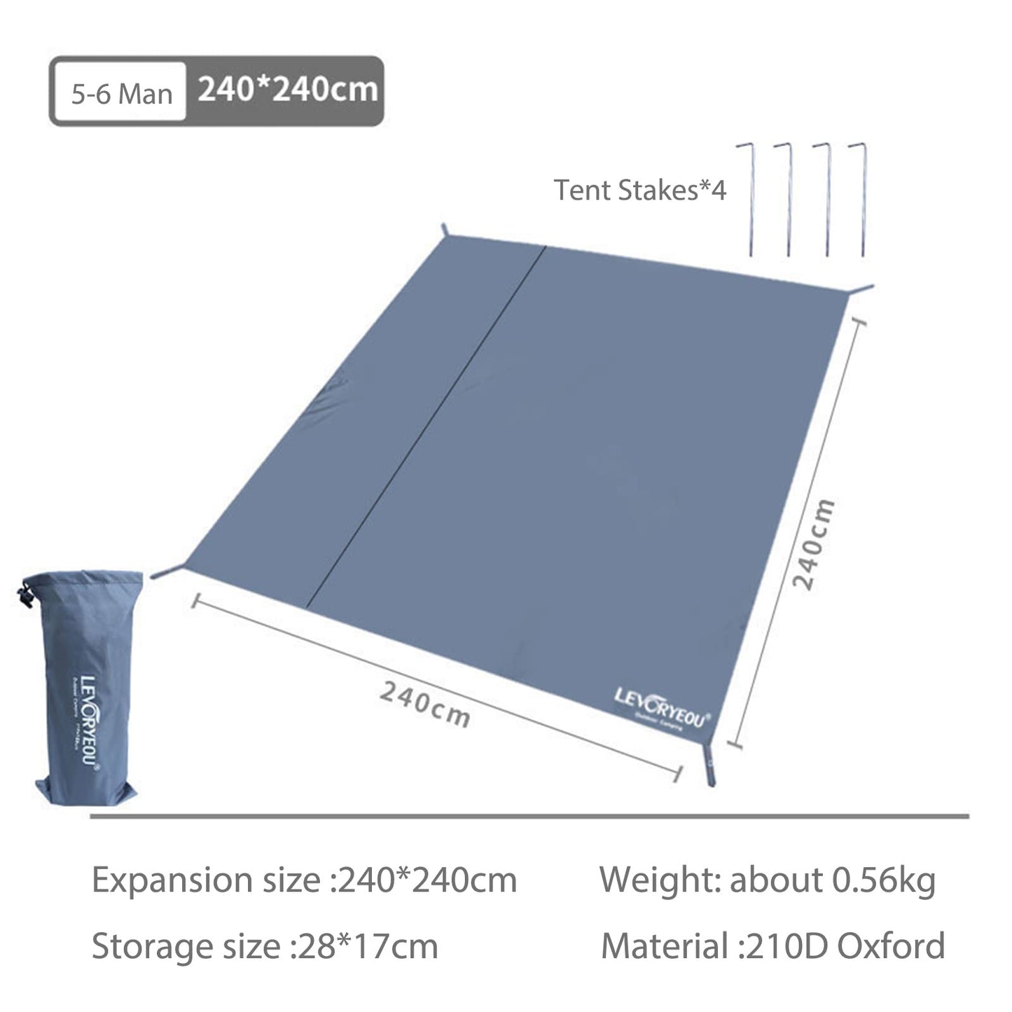 RUNGEASINI 8x8 FT Waterproof Tent Footprint - Heavy Duty 210D Oxford Ground Mat with Stakes - Fits 6-8 Person Tents for Camping, Picnic, Beach - Extra Large Square Tarp with Carry Bag (Gray-Blue)