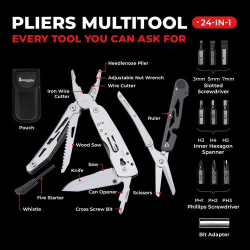 Magpie Pliers Multitool, 24 in 1 Essential Heavy-Duty Multipurpose Tool, Camping Accessories Survival Gear, Birthday Gift for Him Men Husband Son