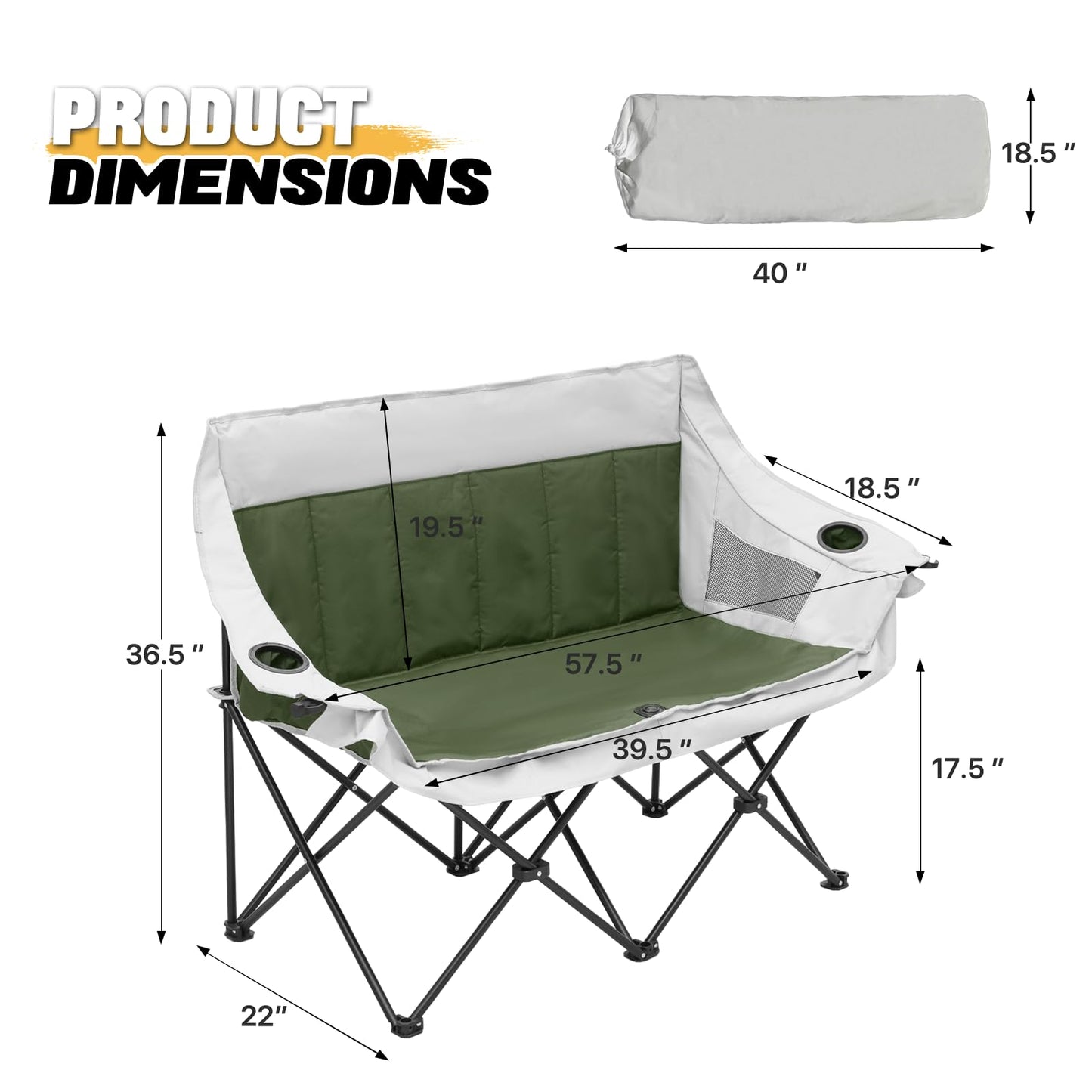 MoNiBloom Collapsible Double Camping Loveseat Chair Outdoor Beach Lawn Picnic Hiking Travel Portable Foldable Collapsible 2-Person Love Seat Camp Chair for Adults (Dark Green and Light Gray)