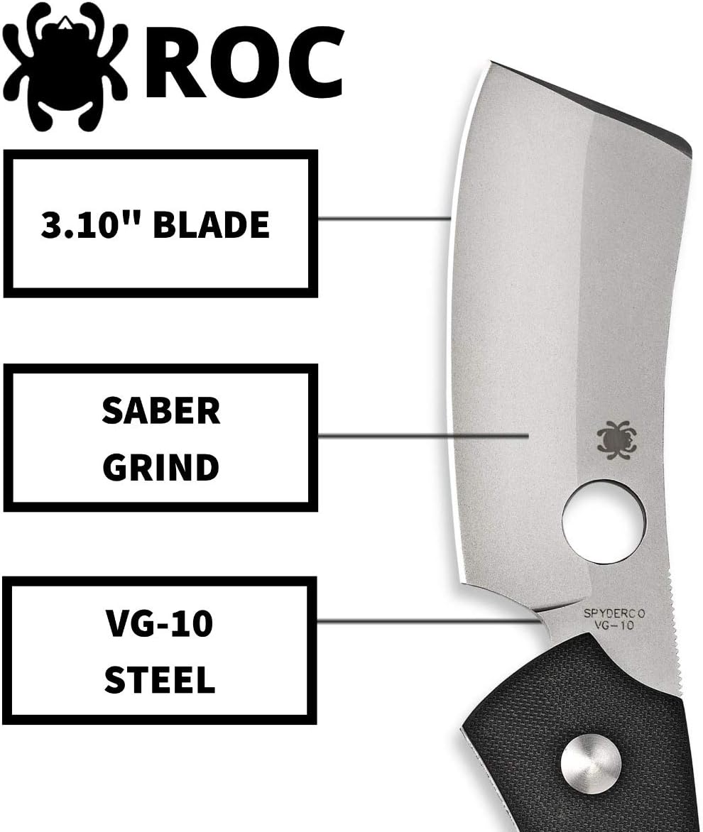 Spyderco Roc EDC Folding Utility Knife - 3.1" VG-10 Cleaver Blade for Versatile Cutting, Ergonomic Black G-10 Handle, LinerLock, Reversible Deep-Pocket Wire Clip, PlainEdge - C177GP