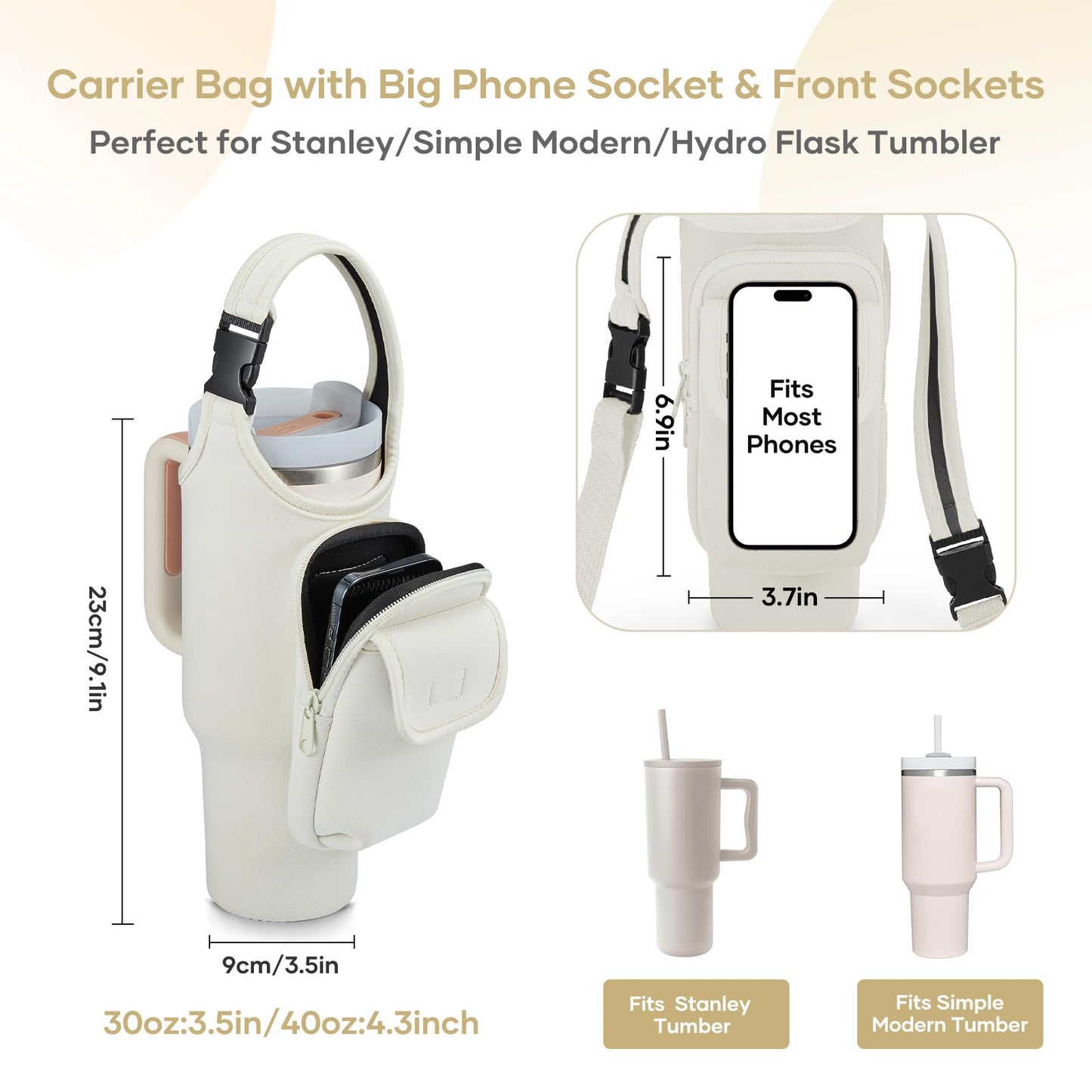 Carrier Bag with Phone & Flap Pockets Accessories for Stanley 40/30oz Tumbler with Handle, Insulated Neoprene Cup Holder Carrier Bag w/Shoulder & Handheld Strap Fits Stanley Cup Accessories