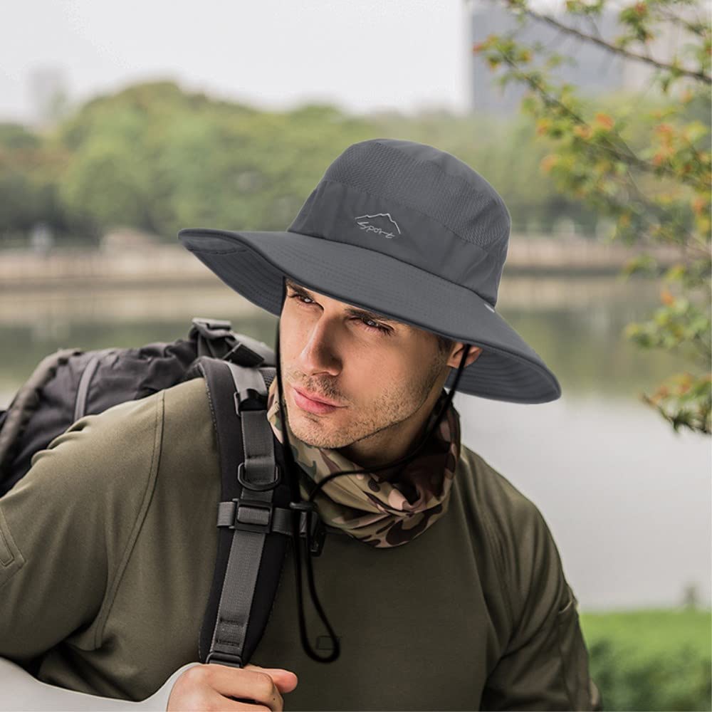 Mens Sun Hat with Neck Flap Quick Dry UV Protection Caps Wide Brim Fishing Hat Summer Beach Hat Outdoor Hiking Hat UPF 50+ Dark Gray