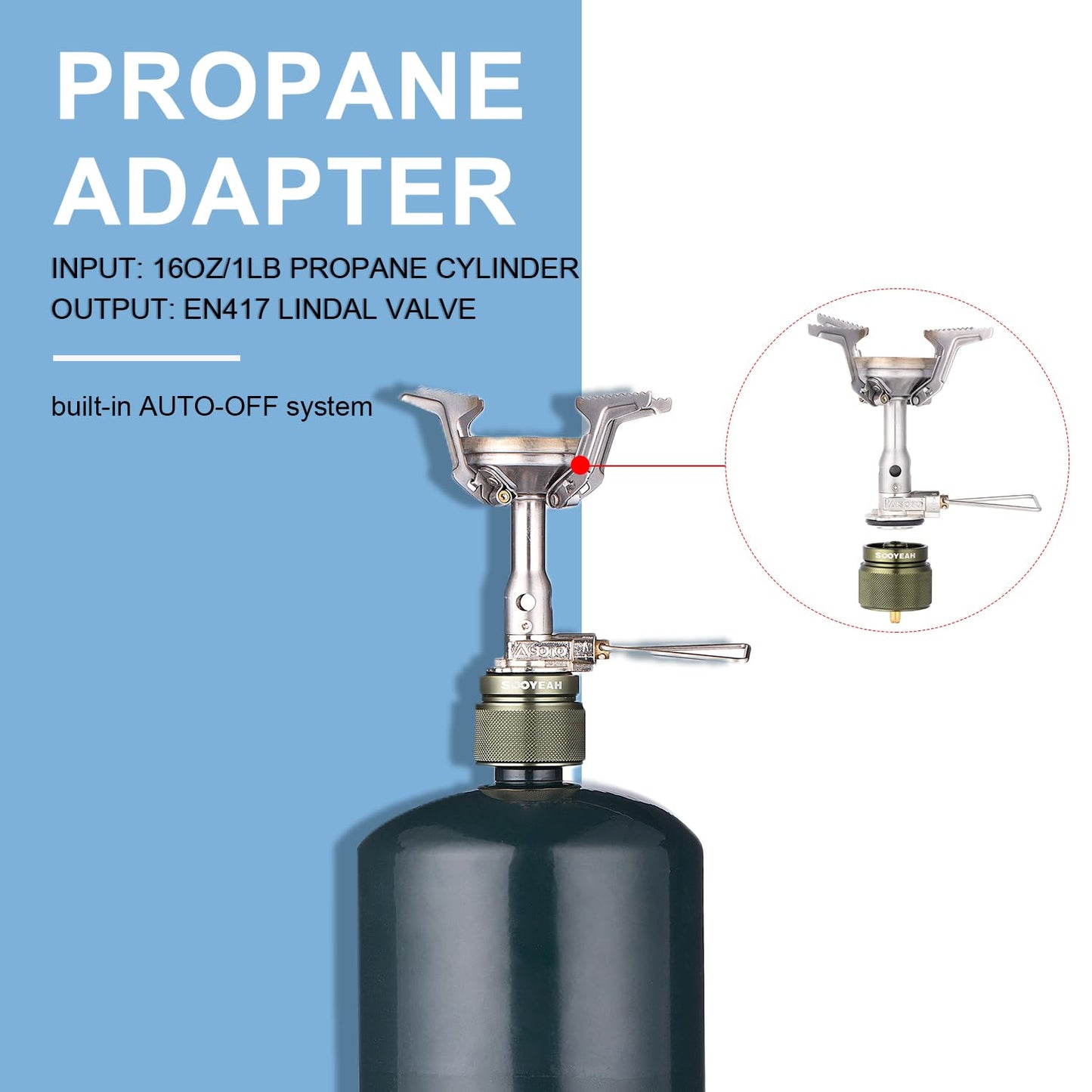 SOOYEAH 1lb Propane to Isobutane Converter - Camping Hiking Backpacking Stove Adapter, 1Lb Propane Cylinder Input, EN417 Lindal Valve Output