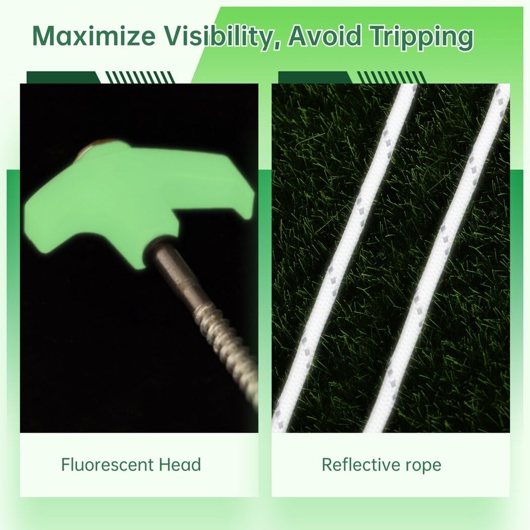 10 Pack Tent Stakes Heavy Duty Metal, 8 inch Tent Pegs Drillable Ground Anchors Screw in, Glow in The Dark Camping Stakes with Ropes and Tensioners, Hex Head Driver and Case