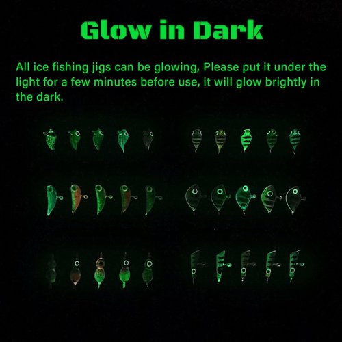 KJEIM Ice Fishing Jigs Kit, 30pcs Glow Ice Fishing Lures Luminous Ice Fishing Gear Winter Fishing Jigging for Crappie Pike Panfish Walleye Perch Bluegill