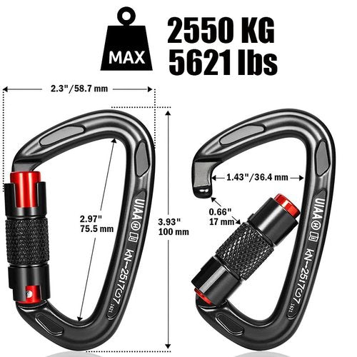 UIAA Certified 25KN Carabiner Heavy Duty, Auto Locking Carabiners Clips, 6PCS Black Carabiner for Swing, pet Traction,3.93 Inch D Shaped, Large Size