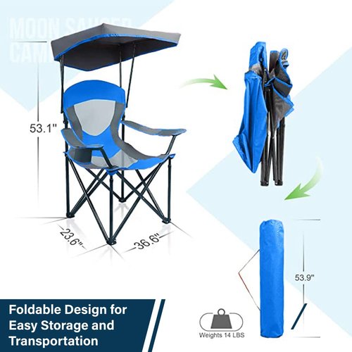 HIGH POINT SPORTS Camping Chairs with Shade, Heavy Duty Canopy Lounge Chair Sunshade Hiking Travel Chair with Cup Holder for Outdoor, Camping, Beach and Patio, Royal Blue