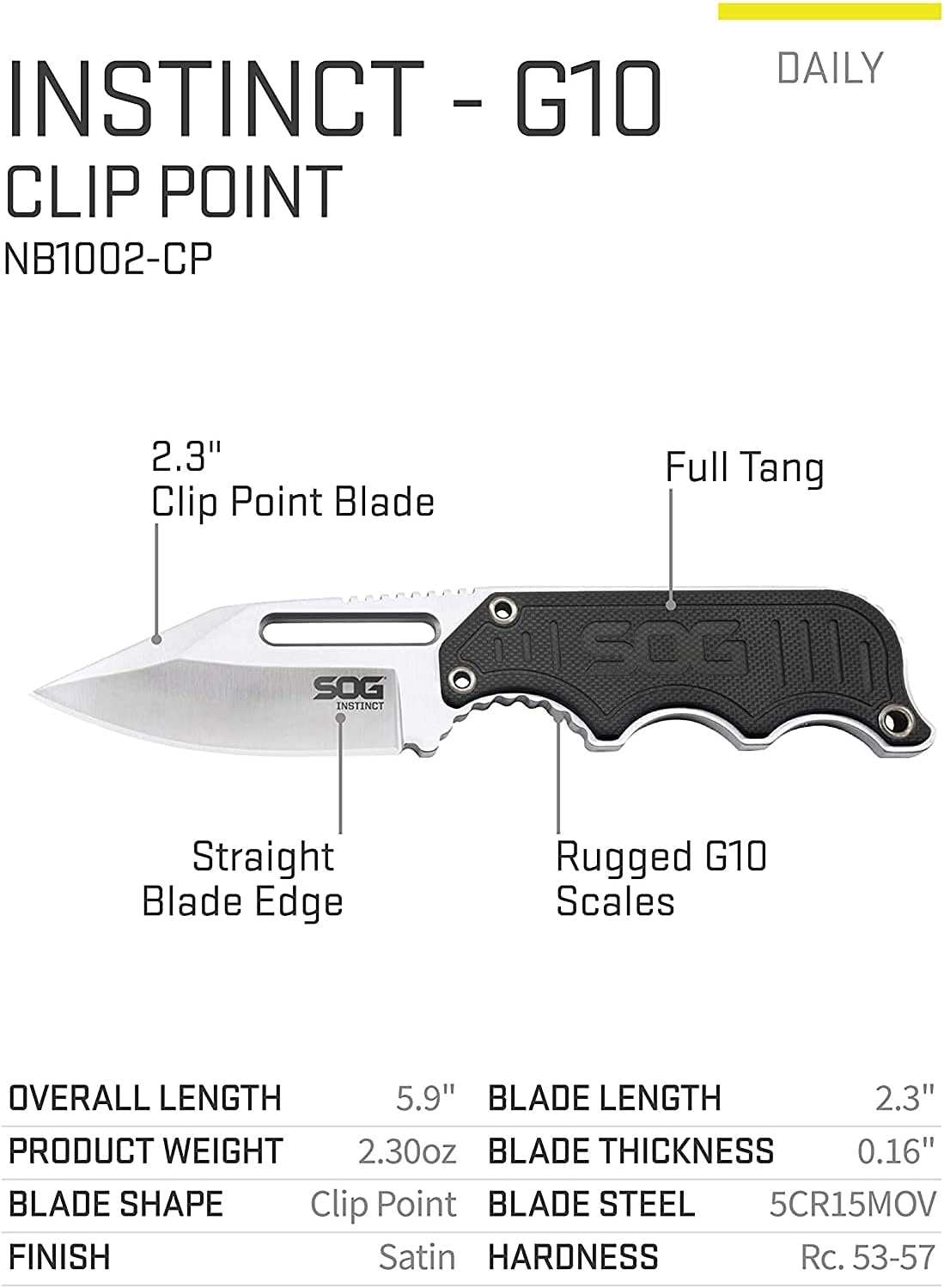 SOG Small Fixed Blade Knife - Instinct Boot Knife, EDC Knife, Neck Knife, 2.3 Inch Full Tang Blade w/ Knife Sheath and Clip, 4in. x 1in. x 8.5in. (NB1012-CP) , Black