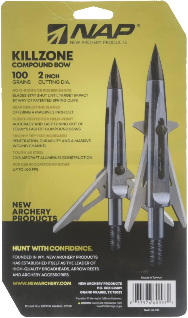 New Archery Products Killzone 2 Blade Rear-Deploying Bow Hunting Mechanical Broadheads with 2" Cutting Diameter & Spring-Clip Design - 3 Pack