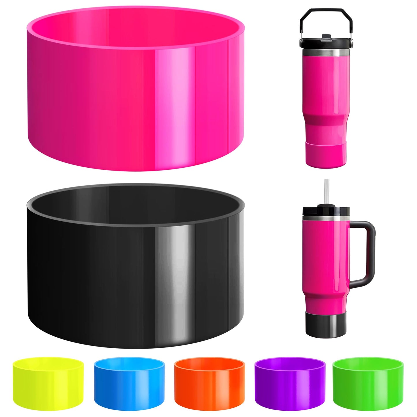 2Pcs Neon Silicone Boot Compatible with Stanley Cup 20-40oz, Hydro Flask 12-24oz & Simple Modern 20-40oz, Antislip Sleeve for More Tumbler & Water Bottle of 2.8-2.95" Base, Electric Pink & Neon Black