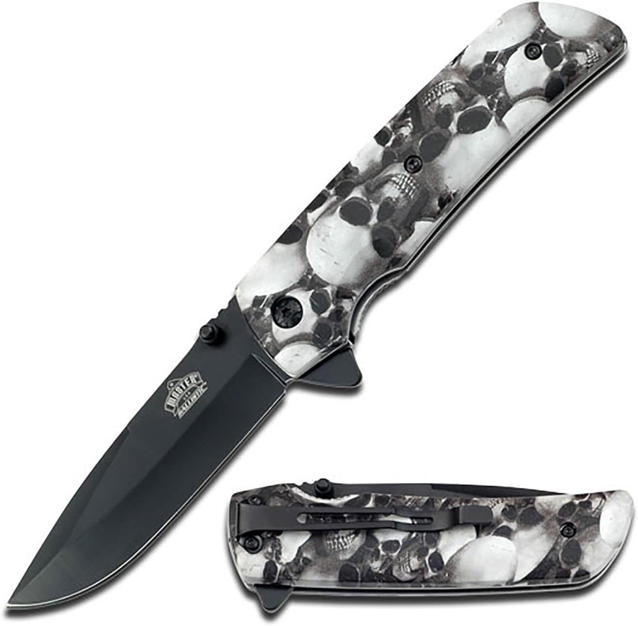 MASTER USA – Spring Assisted Open Folding Knife – Black Stainless Steel Blade, Grey Skull Camo Coated Nylon Fiber Handle with Pocket Clip, Tactical, EDC, Self Defense- MU-A005GY