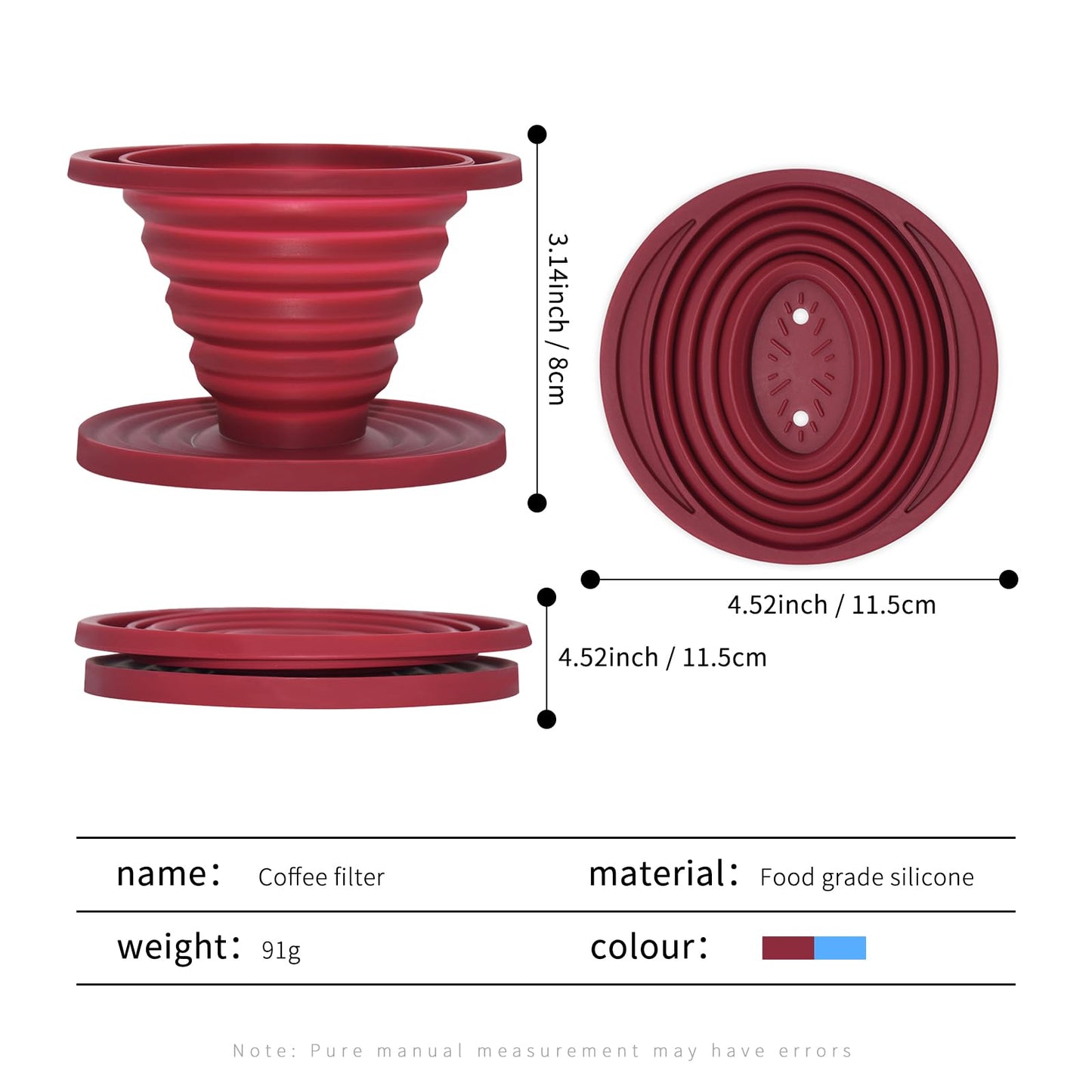 2 Pcs Collapsible Pour Over Coffee Dripper,Reusable Silicone Coffee Filter Holder,Food Grade Silicone,Suitable For Camping,Picnic,Party,Traveling,Office(Blue + Red)