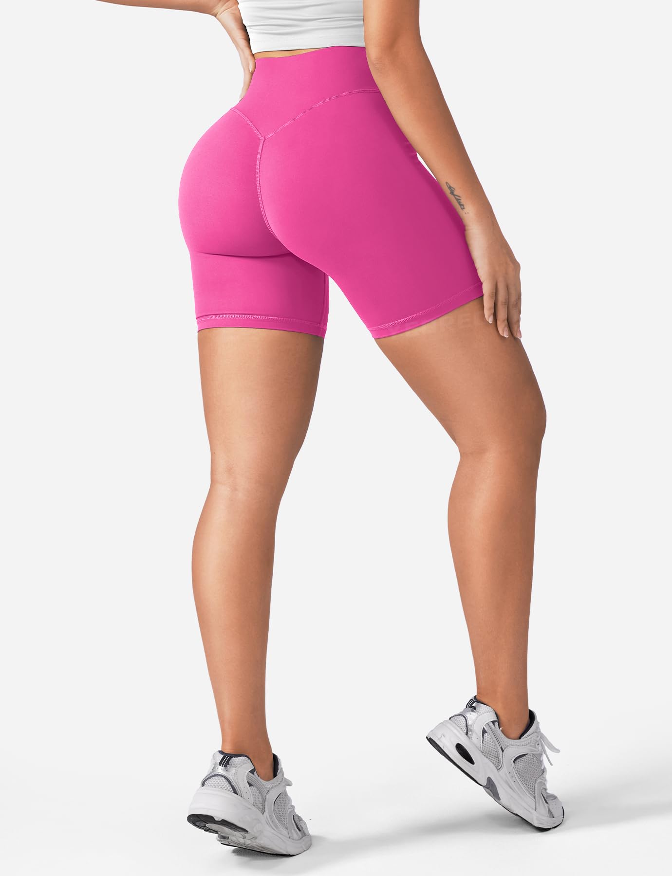 YEOREO Women's Biker Shorts 4.5" / 6" Workout Gym Shorts Craze High Waist Tummy Control Hidden Scrunch Running Yoga Rose Red L
