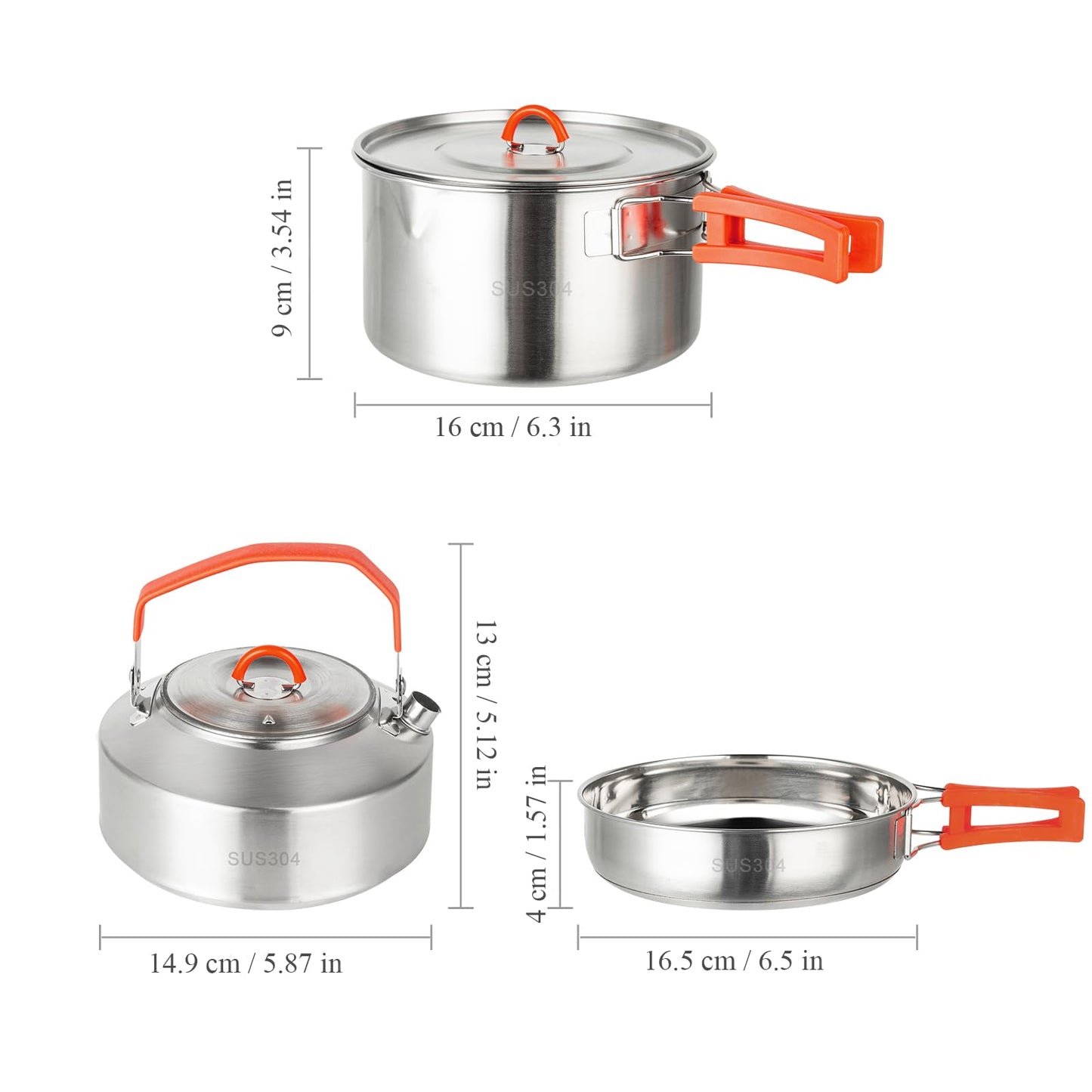 KERMANDO Stainless Steel Camping Cookware Set - Kettle, Frying Pan and Cooking Pot 3 Piece Set With Anti-scald Folding Handles and Mesh Bag