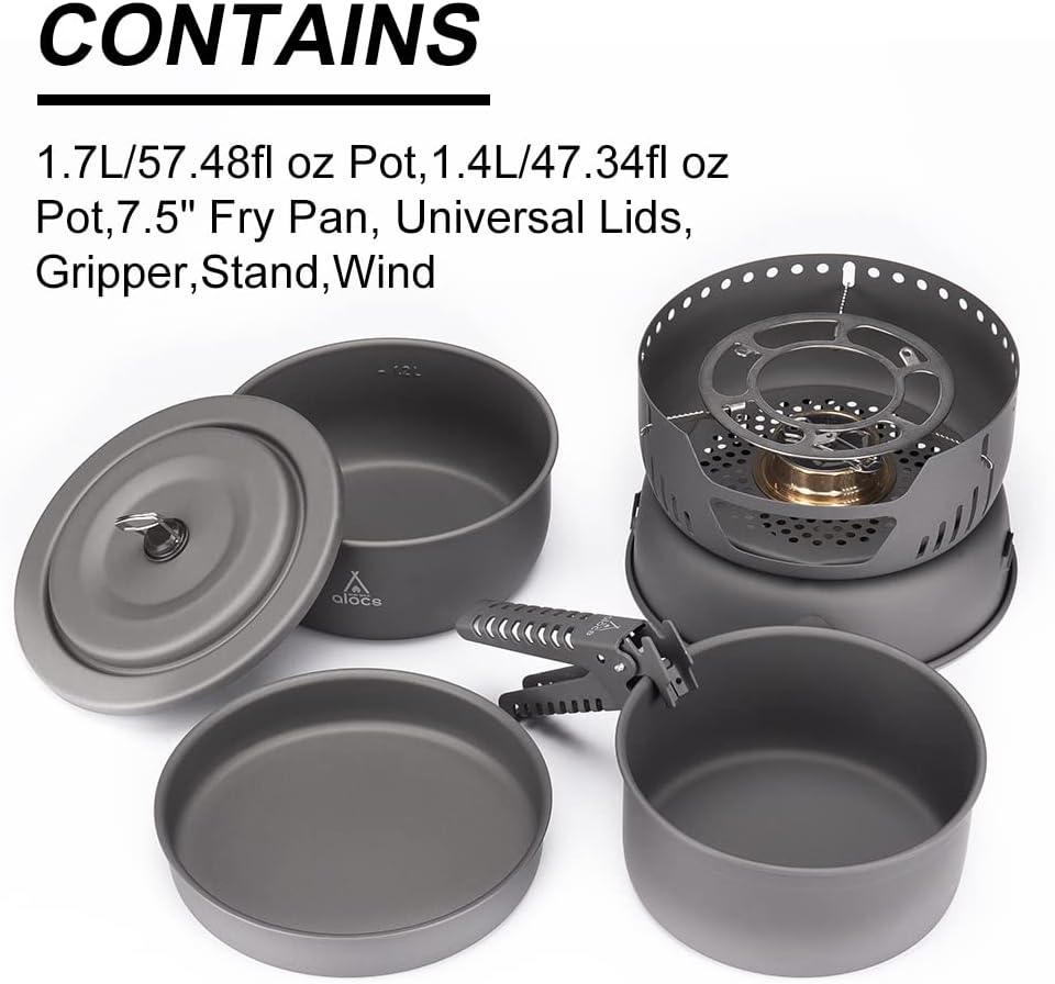 ALOCS Camping Cookware - 11 Piece Lightweight Camp Cooking Set with Portable Camping Stove & Gas Stove Burner - Durable Compact Camping Pot for Hiking Car Camping Vanlife RV