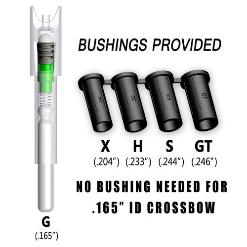CosiComu G Lighted Nocks for Mini Crossbow Bolts with .165 .204 .233 .244 .246 Inside Diameter with X, H, S, GT Bushings Half-Moon Light up Knocks 6-Pack (Green)