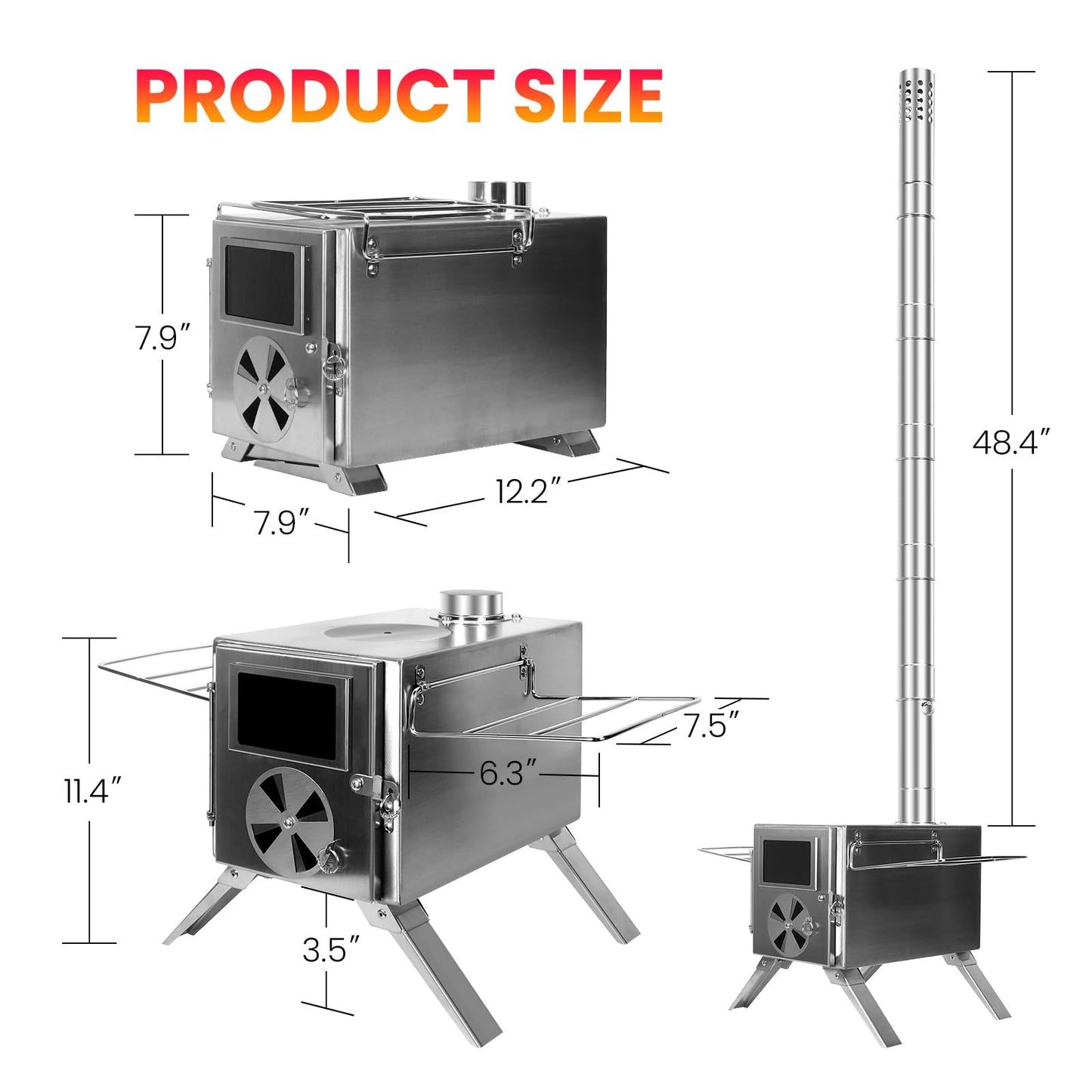 LAMA Stainless Steel Hot Tent Stove - Wood Burning Stove with 6 Chimney Pipes for Tents, Camping, Fishing & Hunting - Portable Outdoor Heating & Cooking, Silver