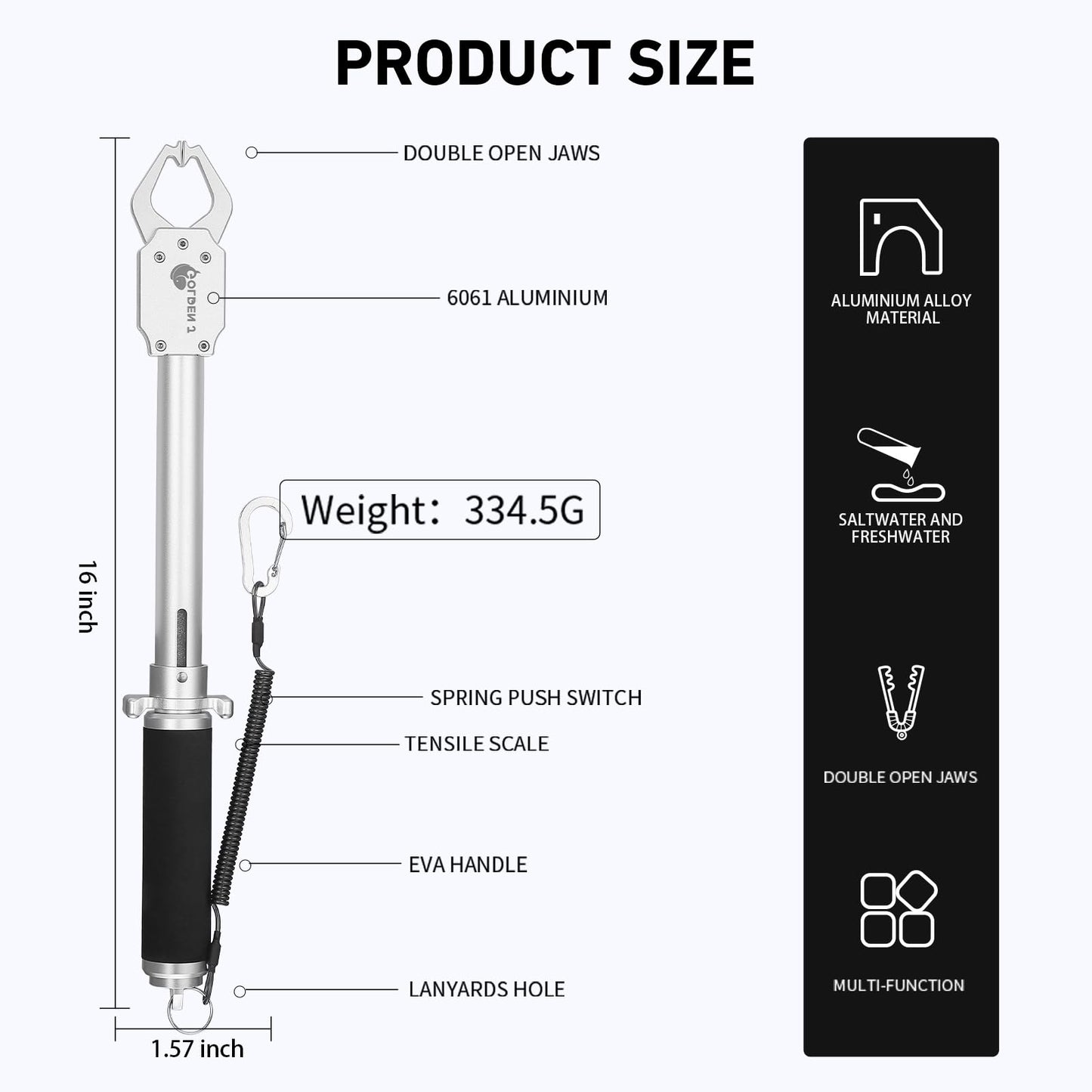 GOLDEN J 16" Fish Lip Gripper - Heavy-Duty & Saltwater Proof, Aircraft-Grade Aluminum Alloy, 60LB Capacity, Non-Slip 360° TPR Swivel Handle & Anti-Escape Push Rod, for Surf, Ice, Fresh/Saltwater