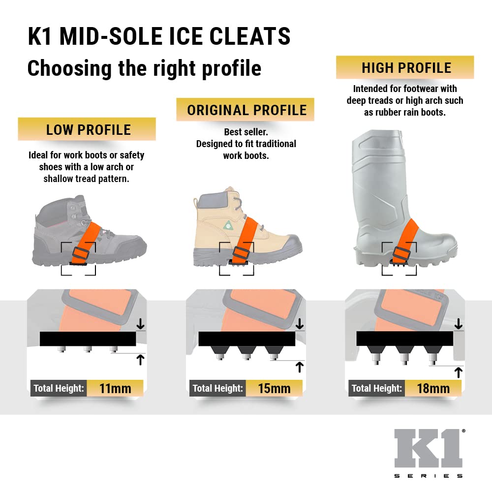 K1 Mid-Sole Ice Cleats for Men & Women - Rotatable Traction Aids For Winter Snow - Hi Vis - Low Profile