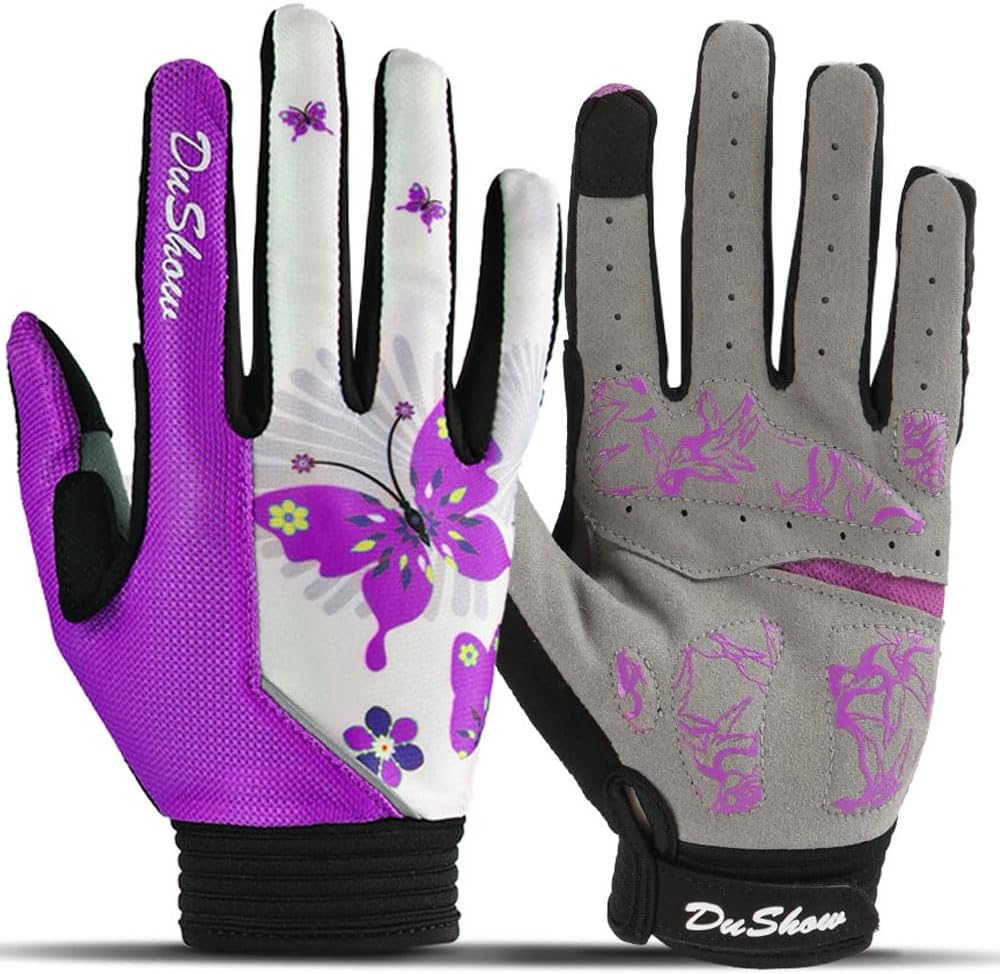 Pink Floral Cycling Gloves for Women | Full Finger Gel Padded Workout Gloves
