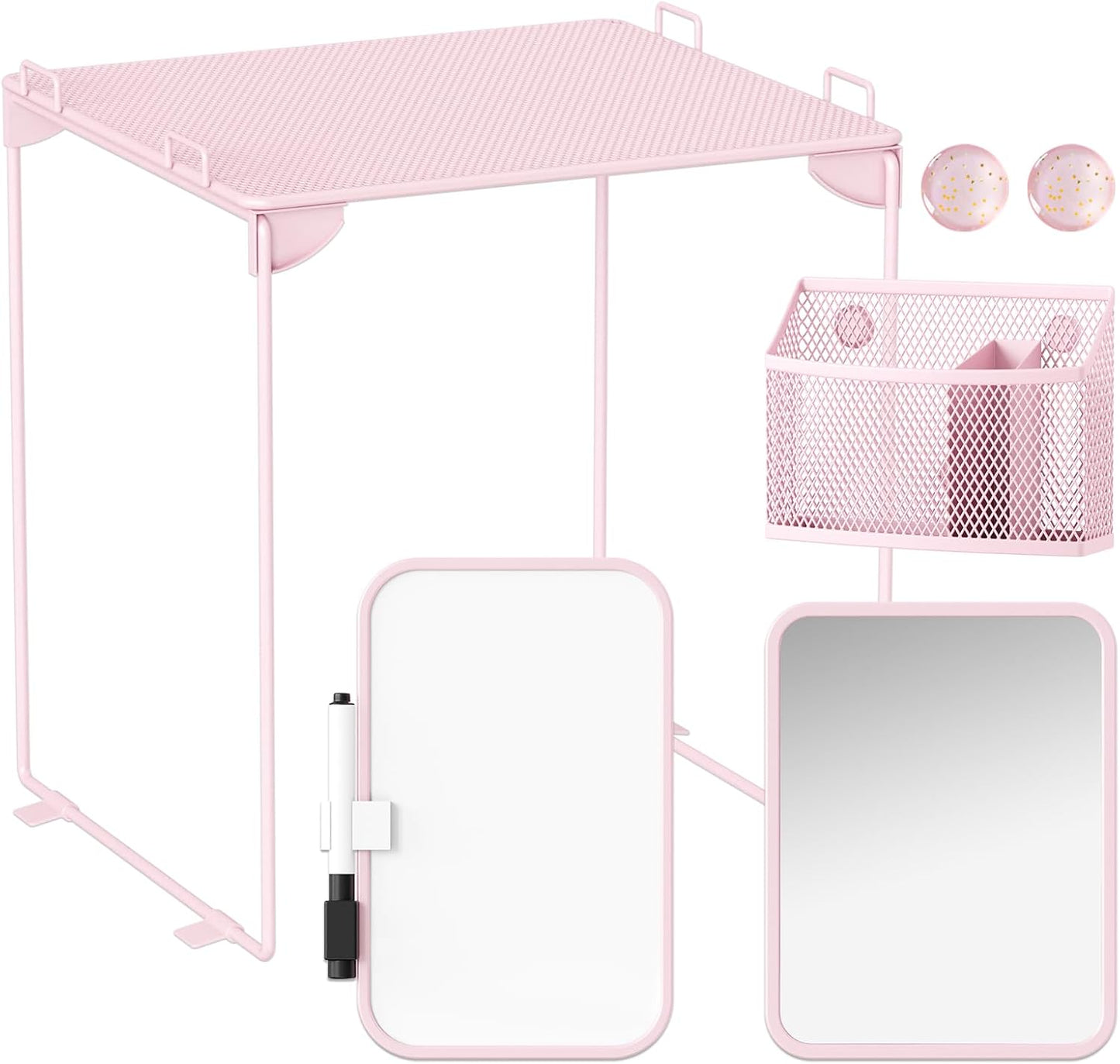 Pink Locker Accessories with Locker Shelf, Magnetic Mirror, Magnetic Pen Holder, Magnetic Small Whiteboard, Back to School Essentials Locker Decorations, 7 Piece Locker Organizer for Work