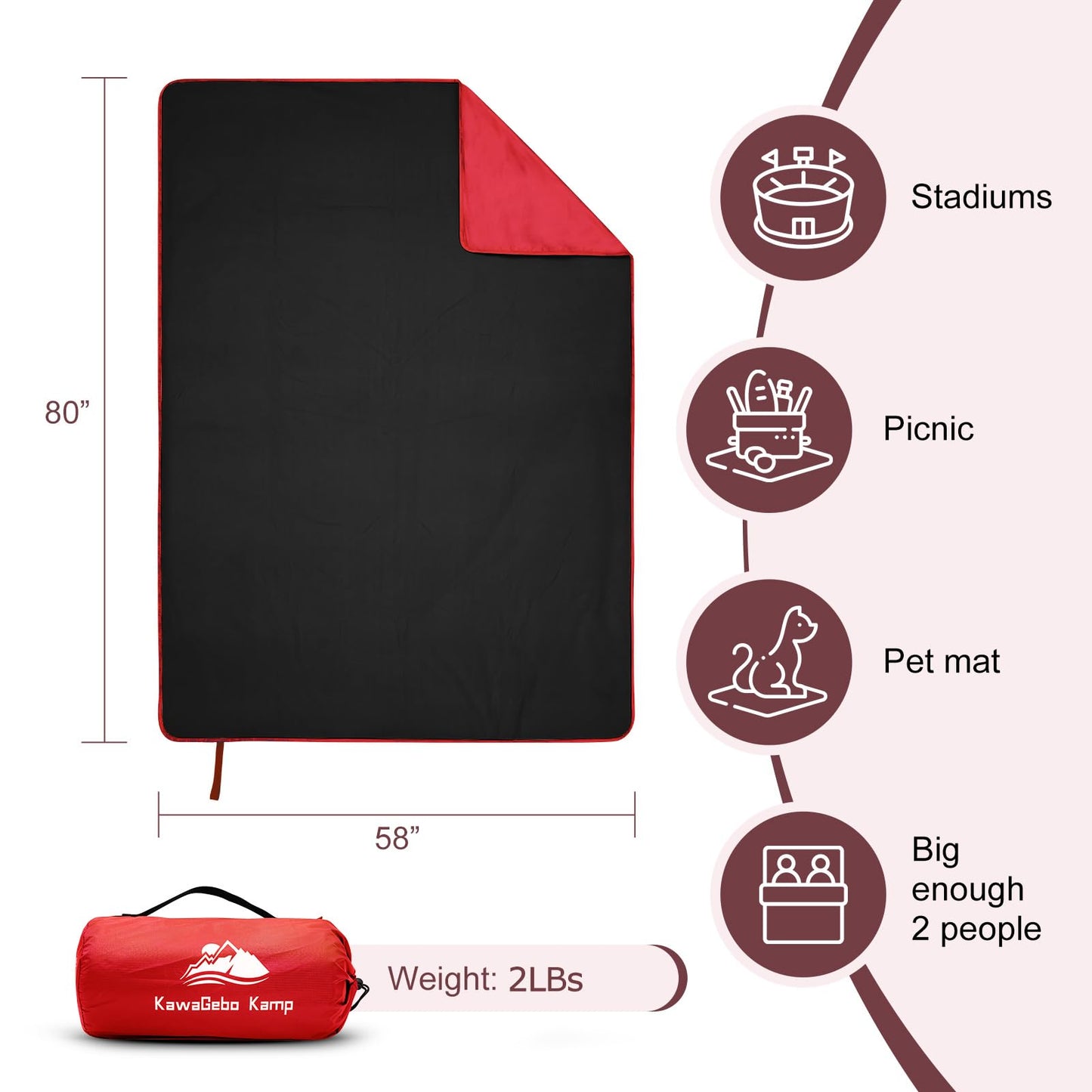 KawaGebo Kamp Fleece Waterproof Outdoor Blanket, Windproof Stadium Blanket for Camping, Picnics, and Sports Stay Dry and Comfortable 80"x58"