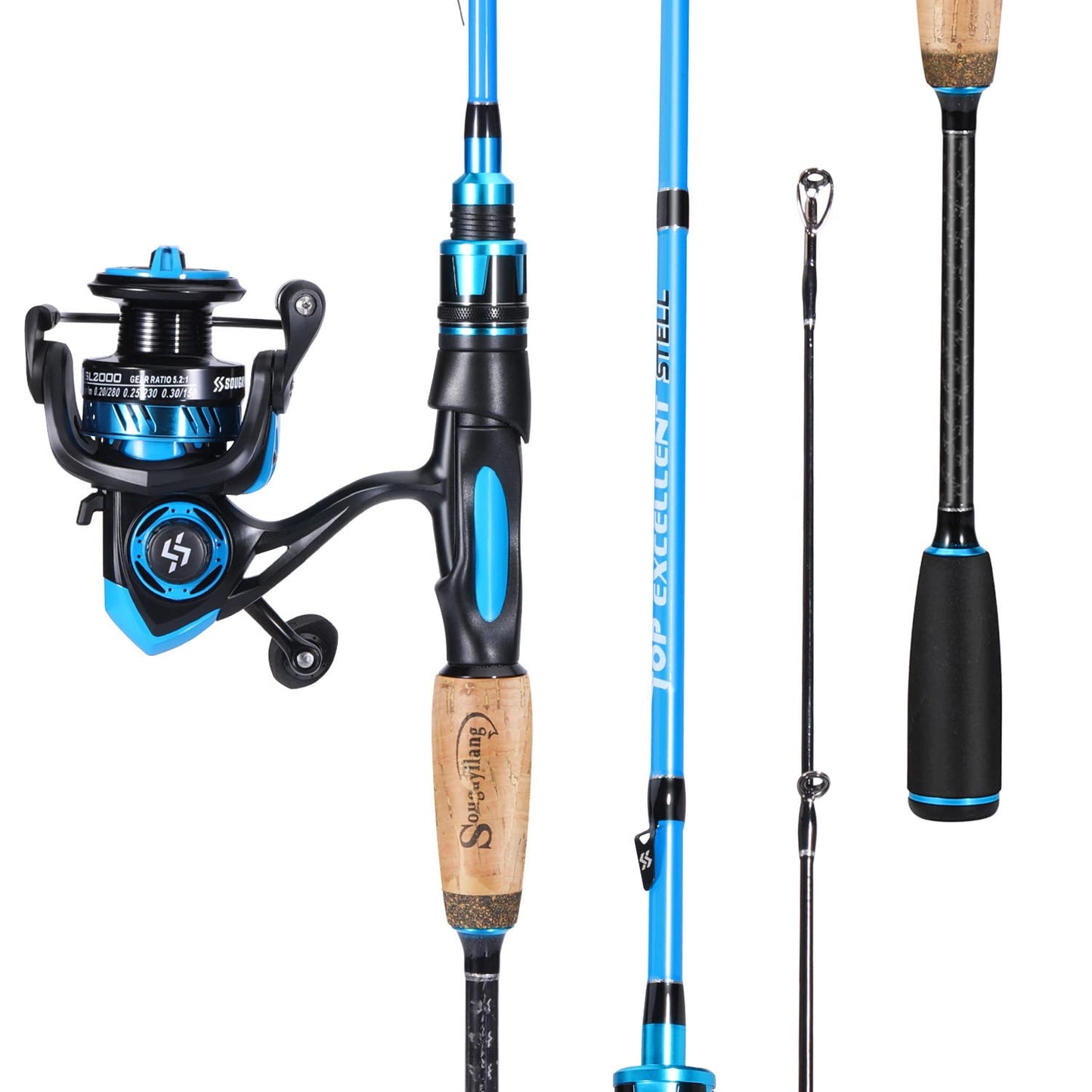 Sougayilang Fishing Pole, 30-Ton Carbon Fiber Fishing Rod and Reel Combo, 2 Pcs Blanks Spinning Reel Combos-Blue-5.9ft and 2000 Spinning Reel