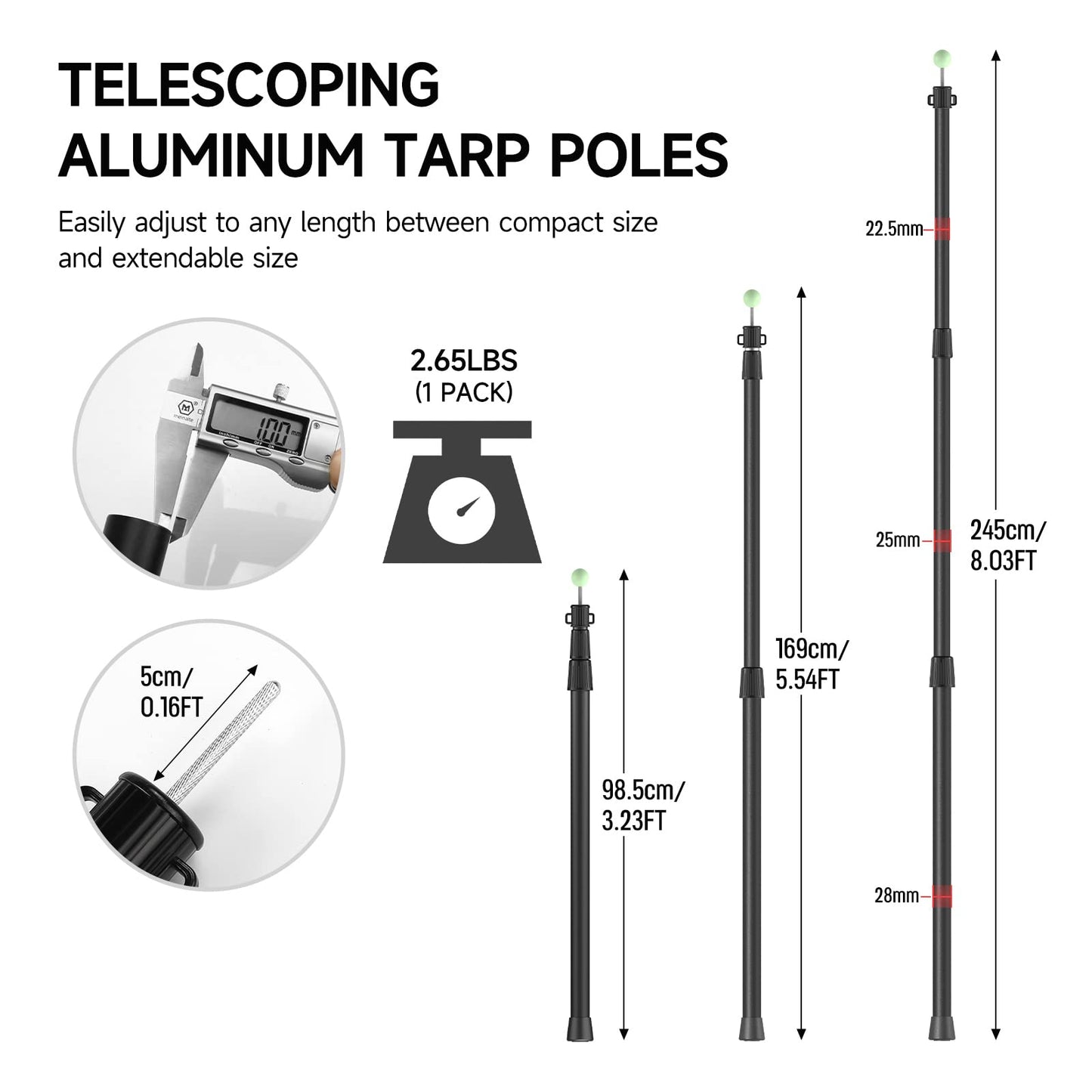 SAN LIKE Telescoping Tarp Poles Tent Poles, 96" Aluminum Canopy Poles Extendable Pole for Awning Shelter Camping Backpacking Hiking Picnic, Set of 4