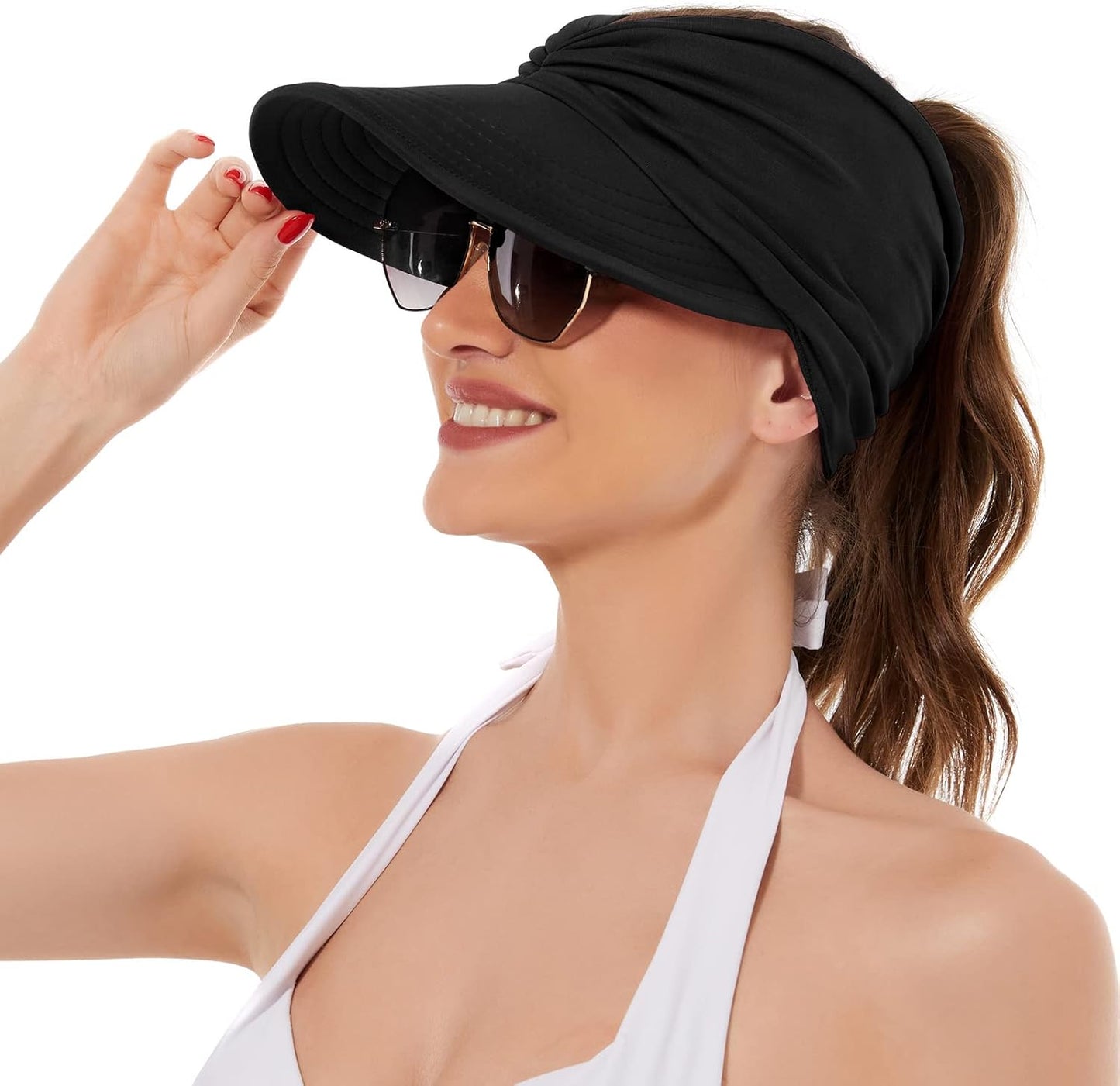 UV Protection Sun Hats for Women | Wide Brim Summer Visor with Ponytail