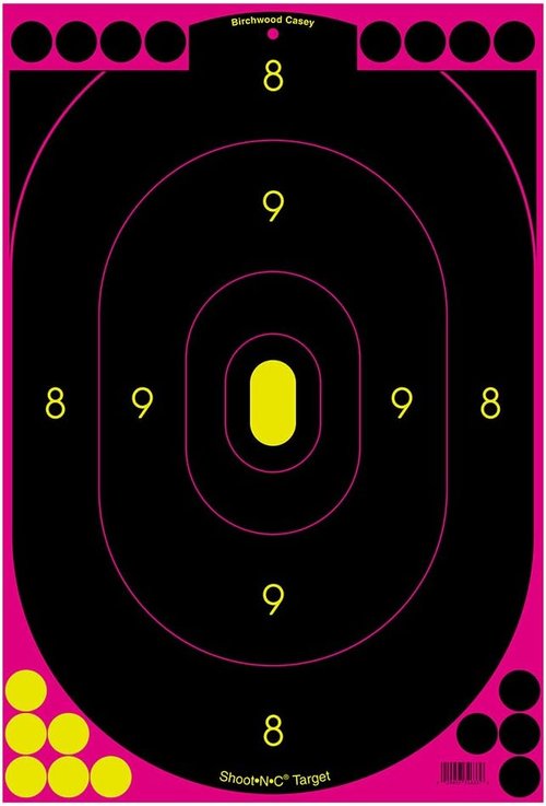 BIRCHWOOD CASEY Shoot-N-C 12" x 18" Bull's-Eye Oval Pink Silhouette Reactive Targets - Highly Visible Instant Feedback Self-Adhesive Shooting Target Stickers with Repair Pasters
