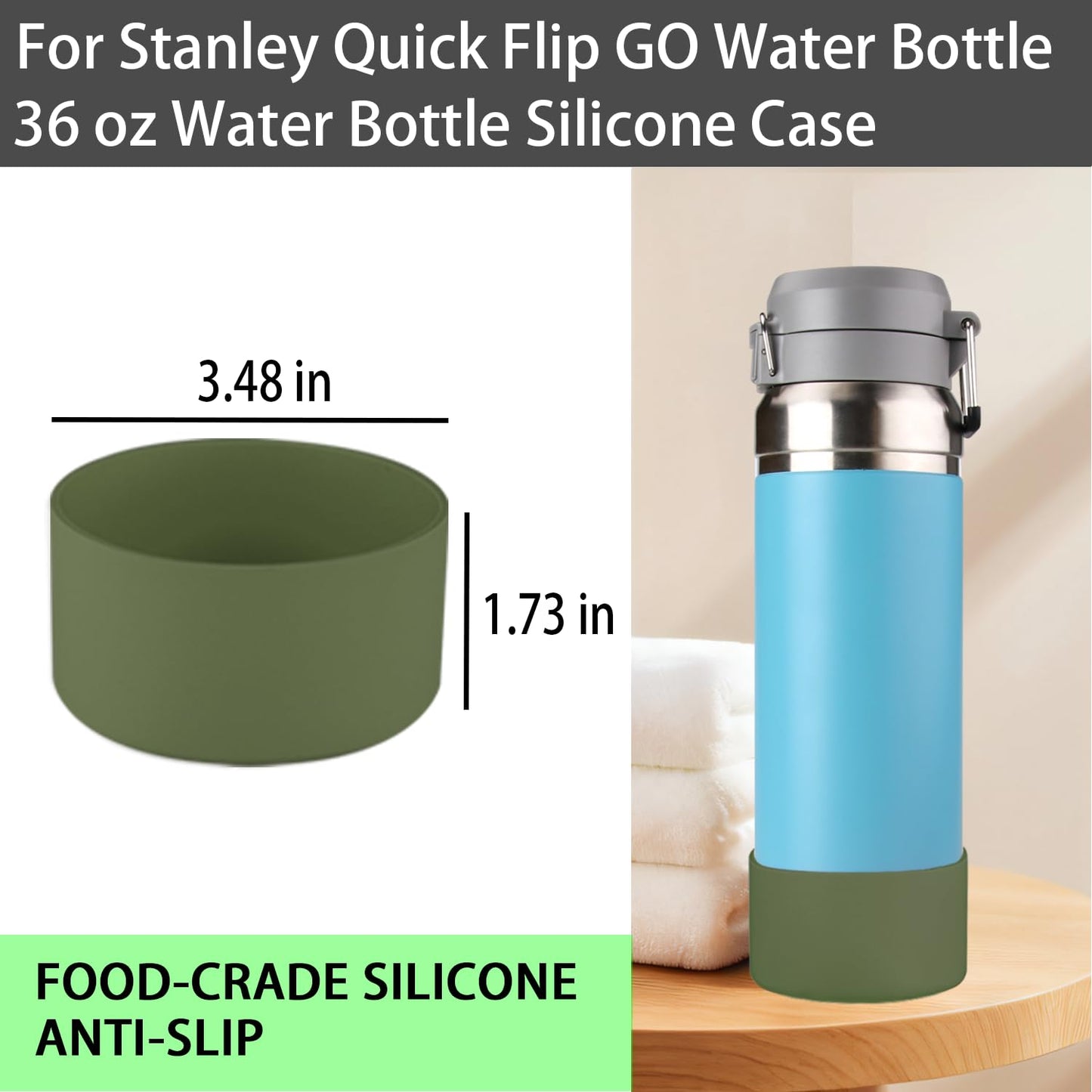 2 Pcs Silicone Boot Sleeve Compatible Stanley Quick Flip GO Water Bottle,for Stanley Quick Flip GO Water 36oz Bottle Boot.Avoid Scratches and Noise (Military Green, 36oz)