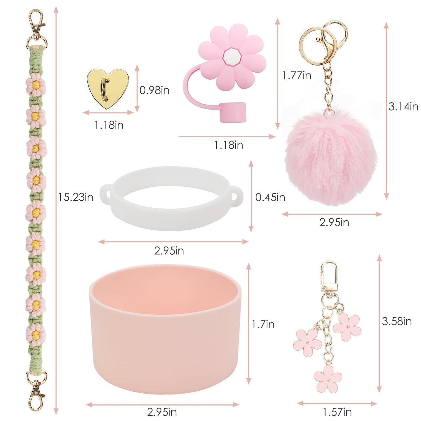 7Pcs Accessories Set for Stanley Cup 40 oz 30 oz, Water Bottle Handle Strap, Siliocne Cup Boot, Flower Straw Cover, Charms for Stanley - Light Pink
