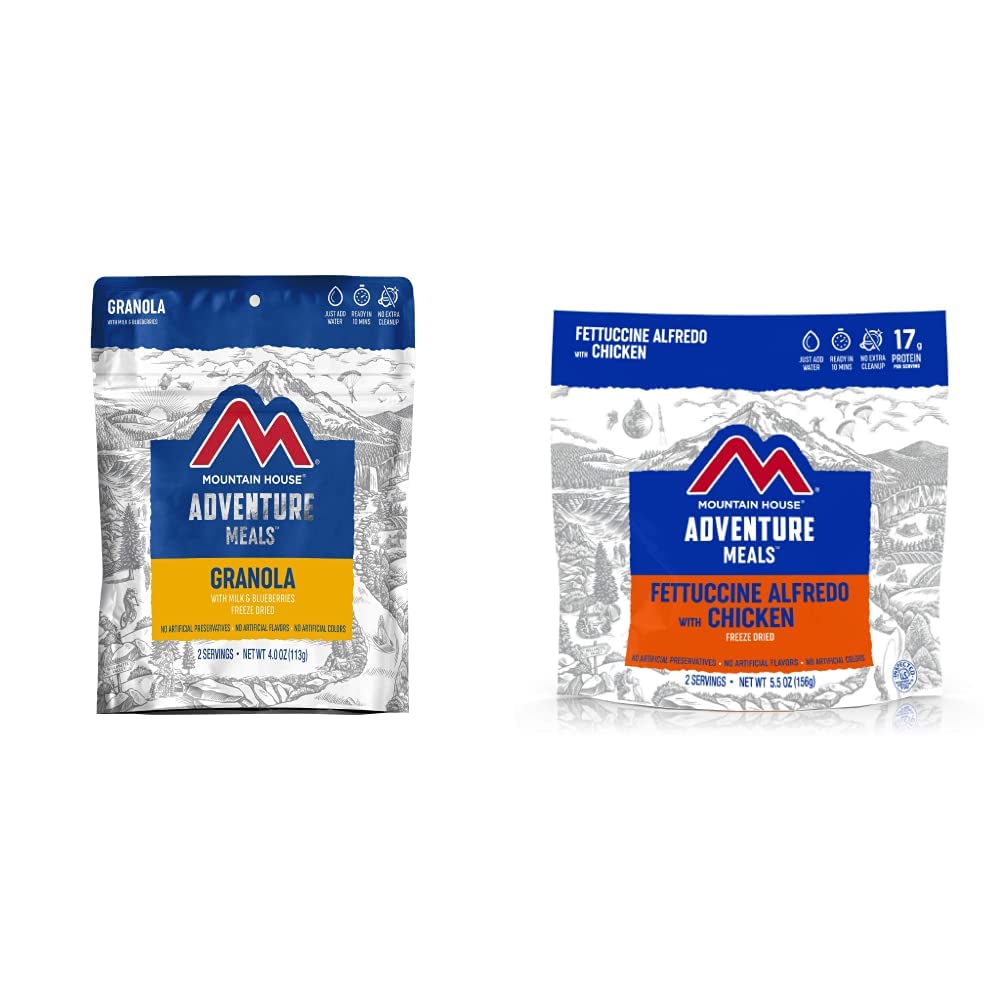Mountain House Granola with Milk & Blueberries + Mountain House Fettuccine Alfredo with Chicken | Freeze Dried Backpacking & Camping Food Bundles | 2 Servings Each