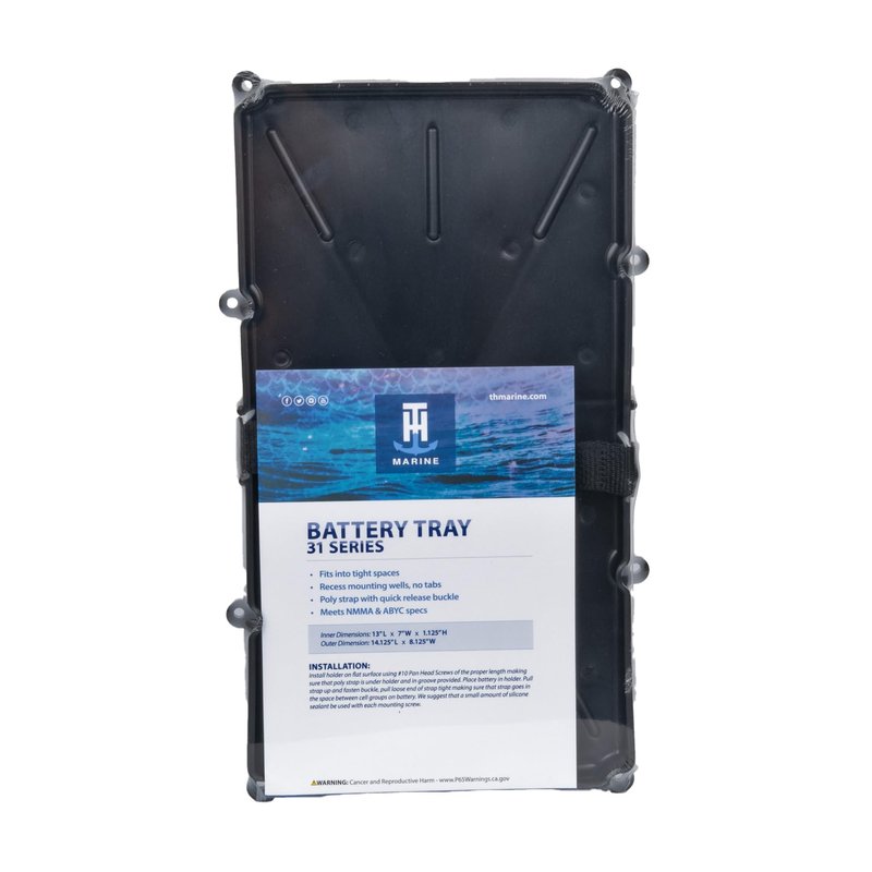 T-H Marine Narrow Battery Tray Holder - Space Saving Battery Storage Solution for Group 29 & 31 - NMMA Certified with Poly Strap & Quick Release Buckle - Ideal for Boats & RVs