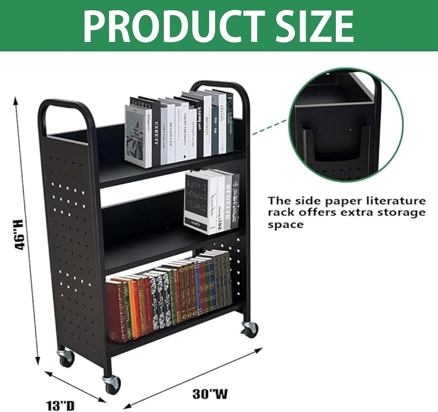 Rolling Book Cart, 300LBS Library Cart 30'' x 13'' x 46'' Rolling Bookshelf, 3 Tier Book Truck Single Sided V-Shaped Sloped Shelves with Lockable Wheels for Home Book Shelves,Offices Bookshelf Cart