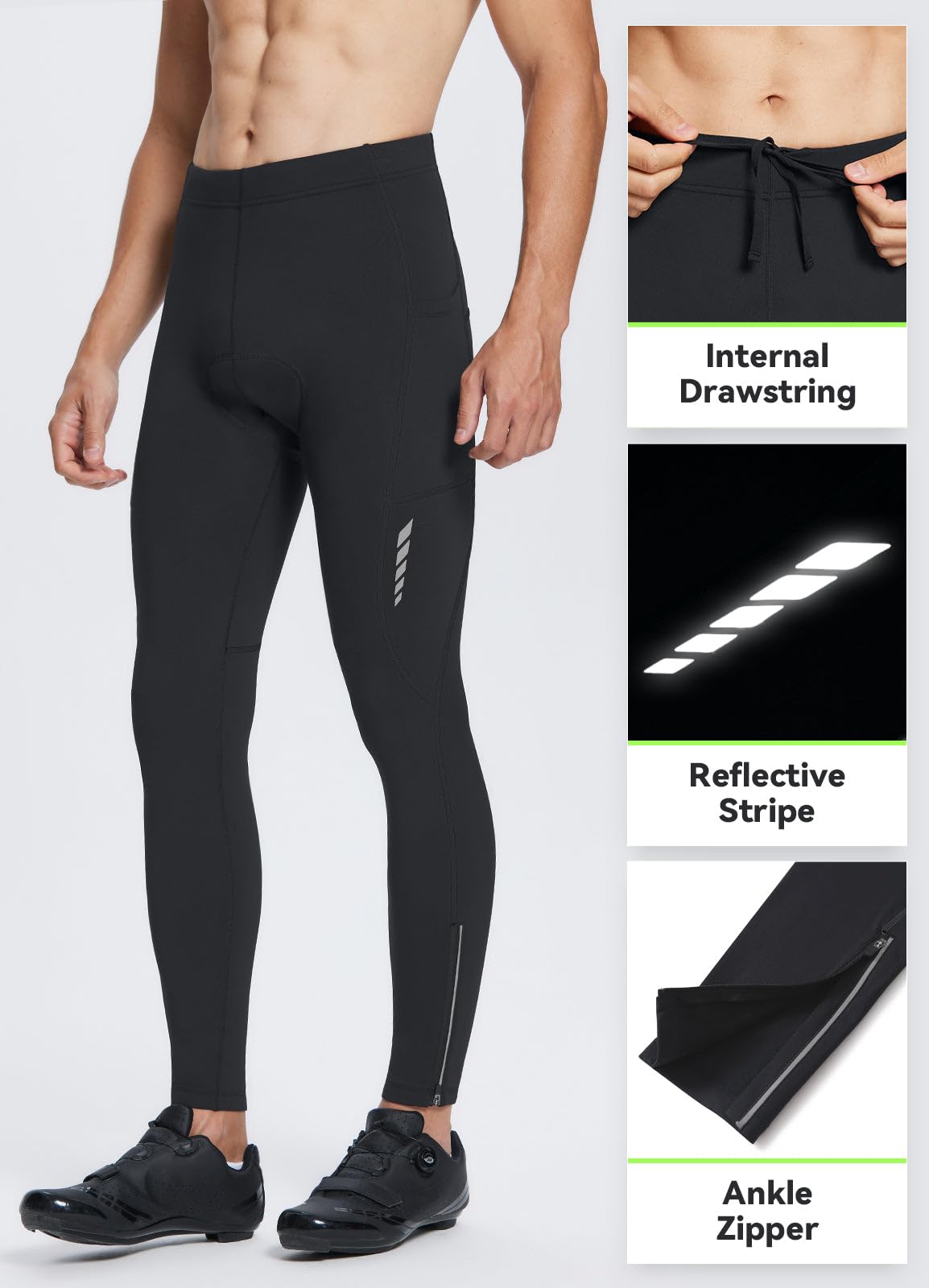 baleaf Men's Thermal Cycling Pants, 4D Padded Winter Bike Tights Fleece Lined Bicyble Riding Leggings Black S