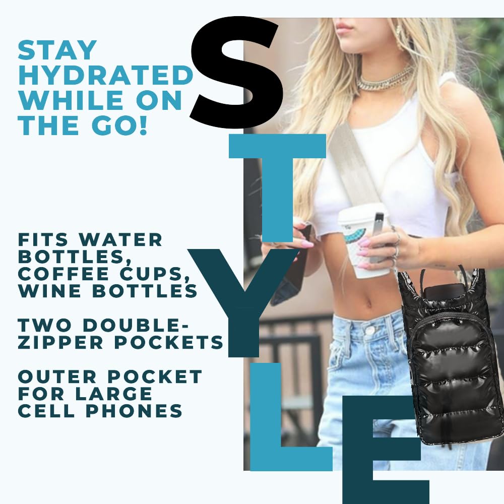 LESCATO Original Crossbody Water Bottle Bag/Puffer Tote Tumbler Holder with Pockets for Phone & Accessories (Black)