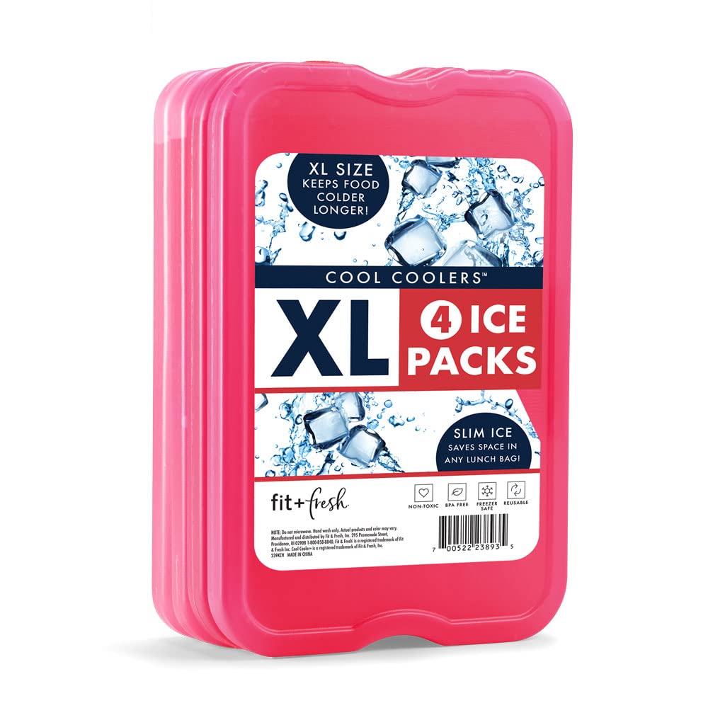 Cool Coolers by Fit & Fresh XL Slim Ice Packs (4 Pack) and Slim Ice Packs (4 Pack), Quick Freeze Space Saving Reusable Ice Packs for Lunch Boxes or Coolers