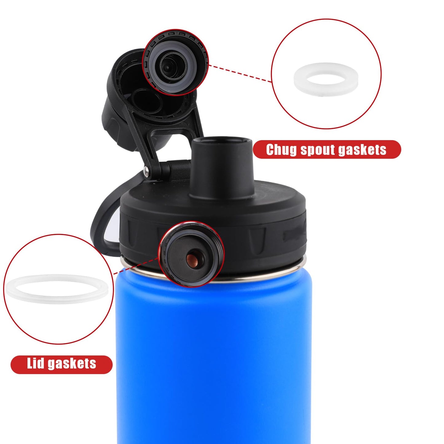 12pcs Stainless Steel Water Bottle Lid & Spout Lid Gasket, Silicone Sealing Ring Replacement for Chug Lids Compatible with DRINCO Insulated Water Bottle 14/18/22/32/40/64oz