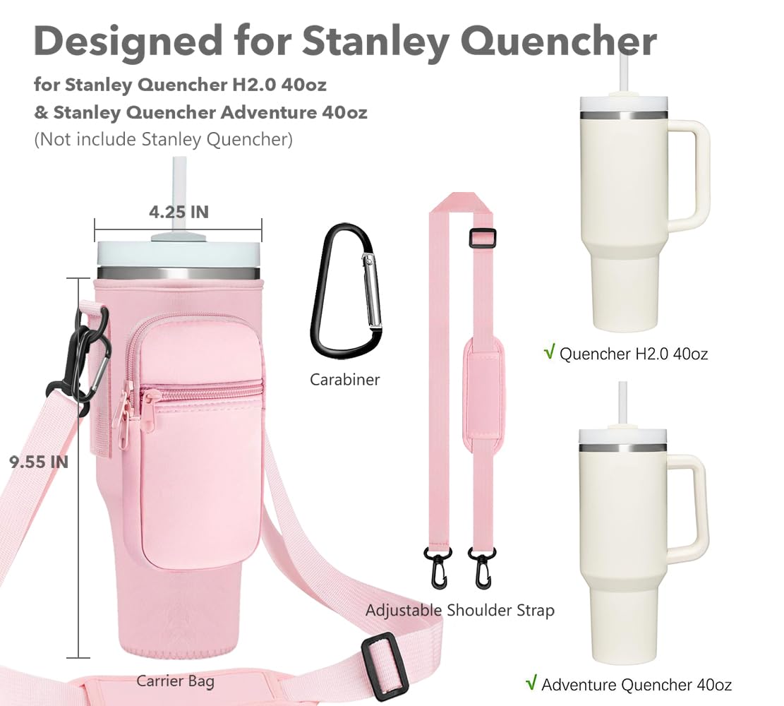 Momocici Letter Cup Carrier Bag with Strap & Pouch for Stanley Quencher 40oz Tumbler. Crossbody Holder Bag Compatible with Stanley Cup for Hiking, Travelling, Camping. (Rose Quartz)