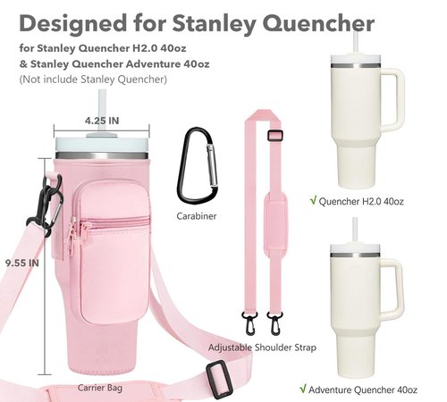 Momocici Letter Cup Carrier Bag with Strap & Pouch for Stanley Quencher 40oz Tumbler. Crossbody Holder Bag Compatible with Stanley Cup for Hiking, Travelling, Camping. (Rose Quartz)