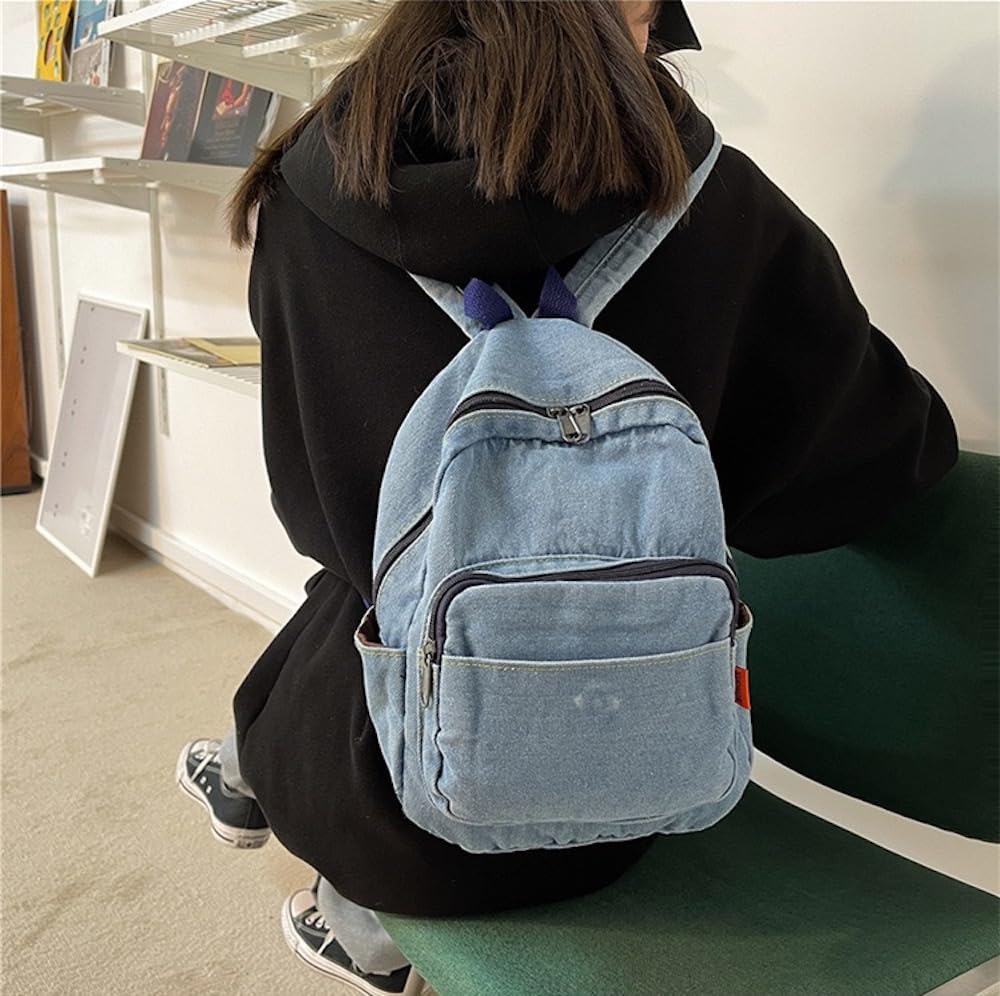JHTPSLR Small Denim Backpack for Women Vintage Aesthetic Mini Denim Backpack Canvas Backpack Casual Daypack (Light Blue)
