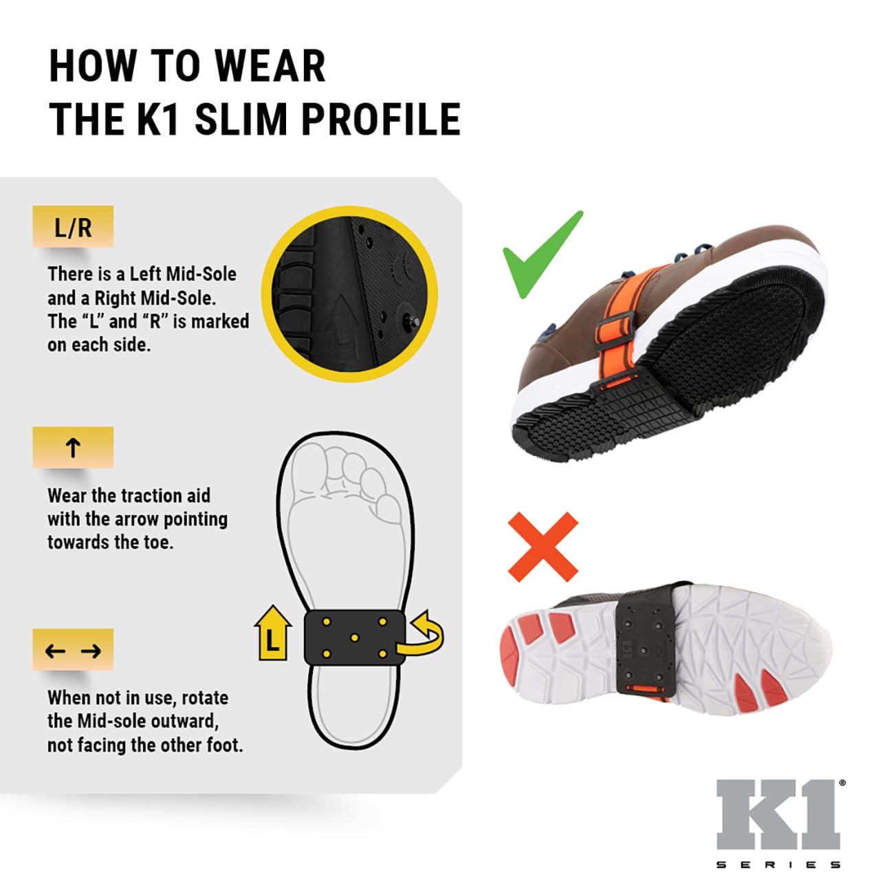 K1 Mid-Sole Ice Cleats for Men & Women - Rotatable Traction Aids For Winter Snow - Hi Vis - Low Profile