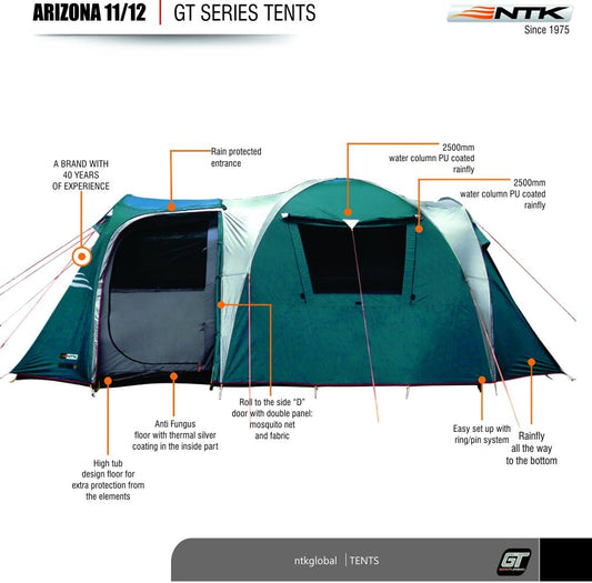 NTK Arizona GT 12 Person Tent for Family Camping | 20.6x10 ft Camping Tent with 2 Rooms, 2 Doors, 100% Waterproof Dome & Breathable Mesh | Outdoor Tent | 2500 mm Warm & Cold Weather Family Tent