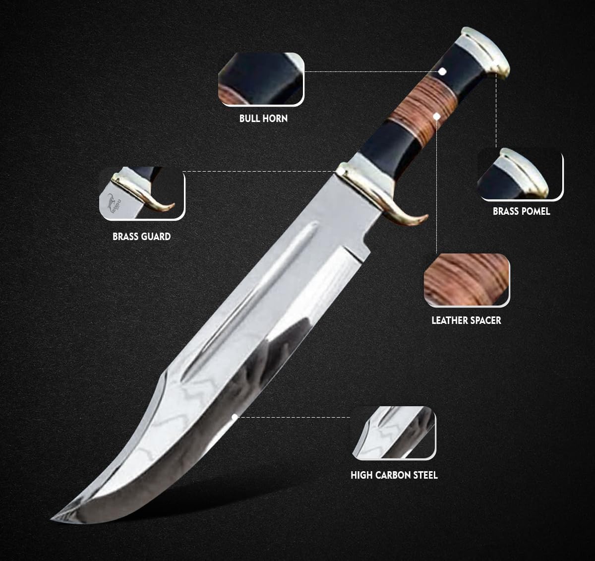 WARIVO KNIFE D2 18 Inches Large Crocodile Dundee Bowie Knife with Leather Sheath Big Survival Fixed Blade Knife with Leather and Horn Handle for Outdoor Camping Knives For Men
