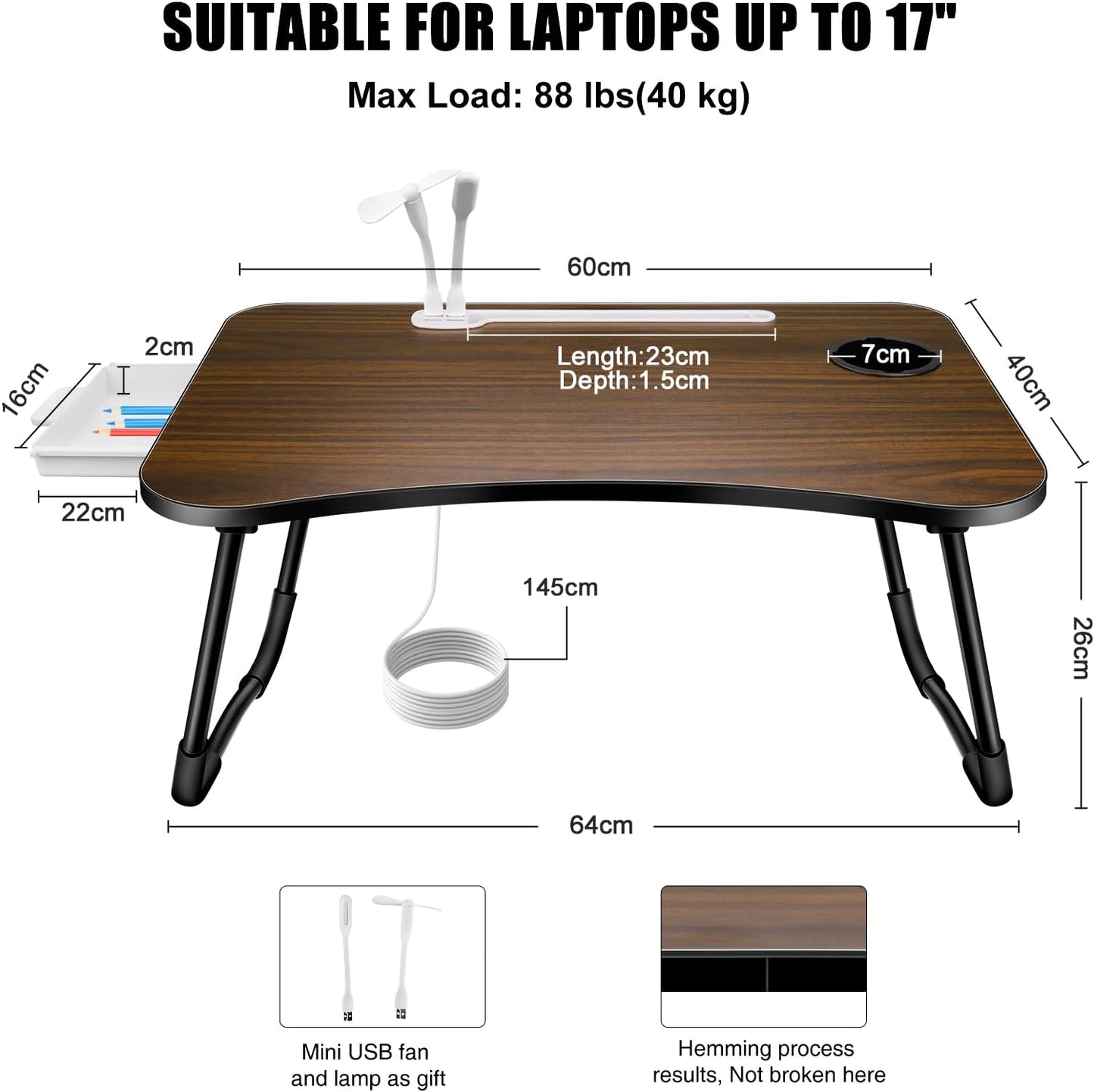 Laptop Bed Desk,Portable Foldable Laptop Lap Desk Tray Table with USB Charge Port/Cup Holder/Storage Drawer,for Bed/Couch/Sofa Working, Reading