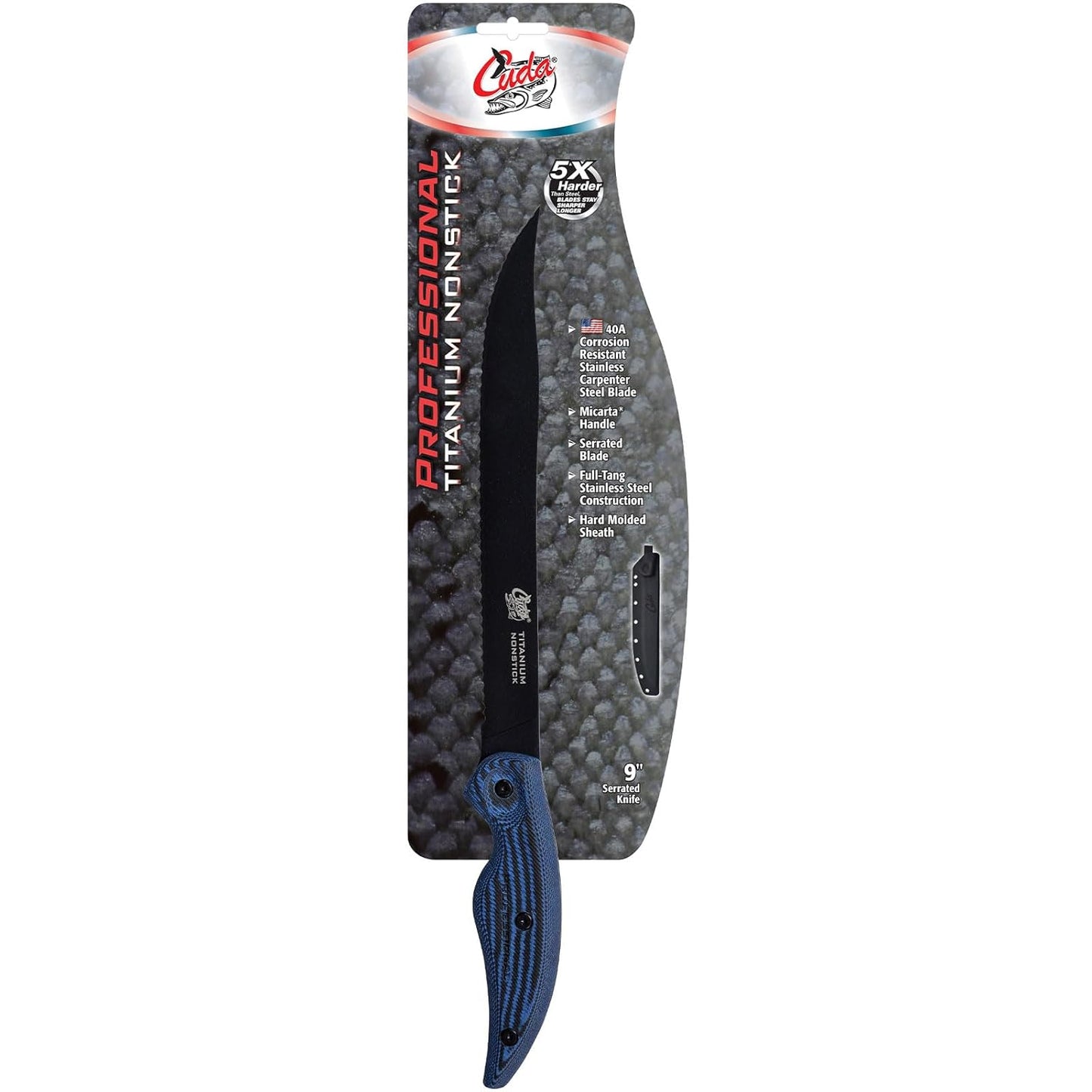 Cuda 9" Serrated Professional Saltwater Corrosion Resistant Stainless Carpenter Steel Fish Filleting Knife with Hard Molded Sheath Included