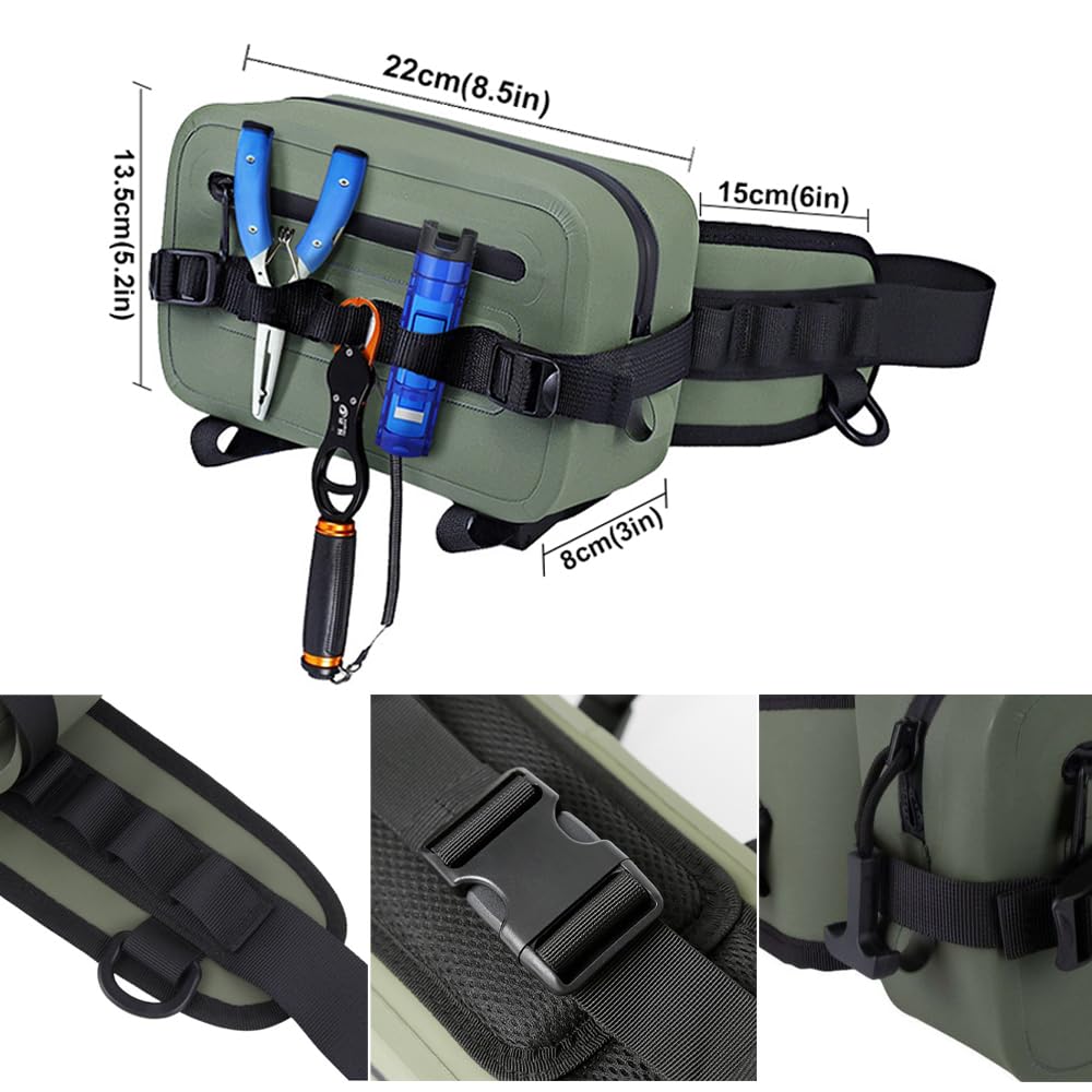 FANGBLUE 2.1L Waterproof Waist Bag - TPU Military Green Packet with Airtight Zipper Closure, Lightweight Sling Bag for River Fly Fishing